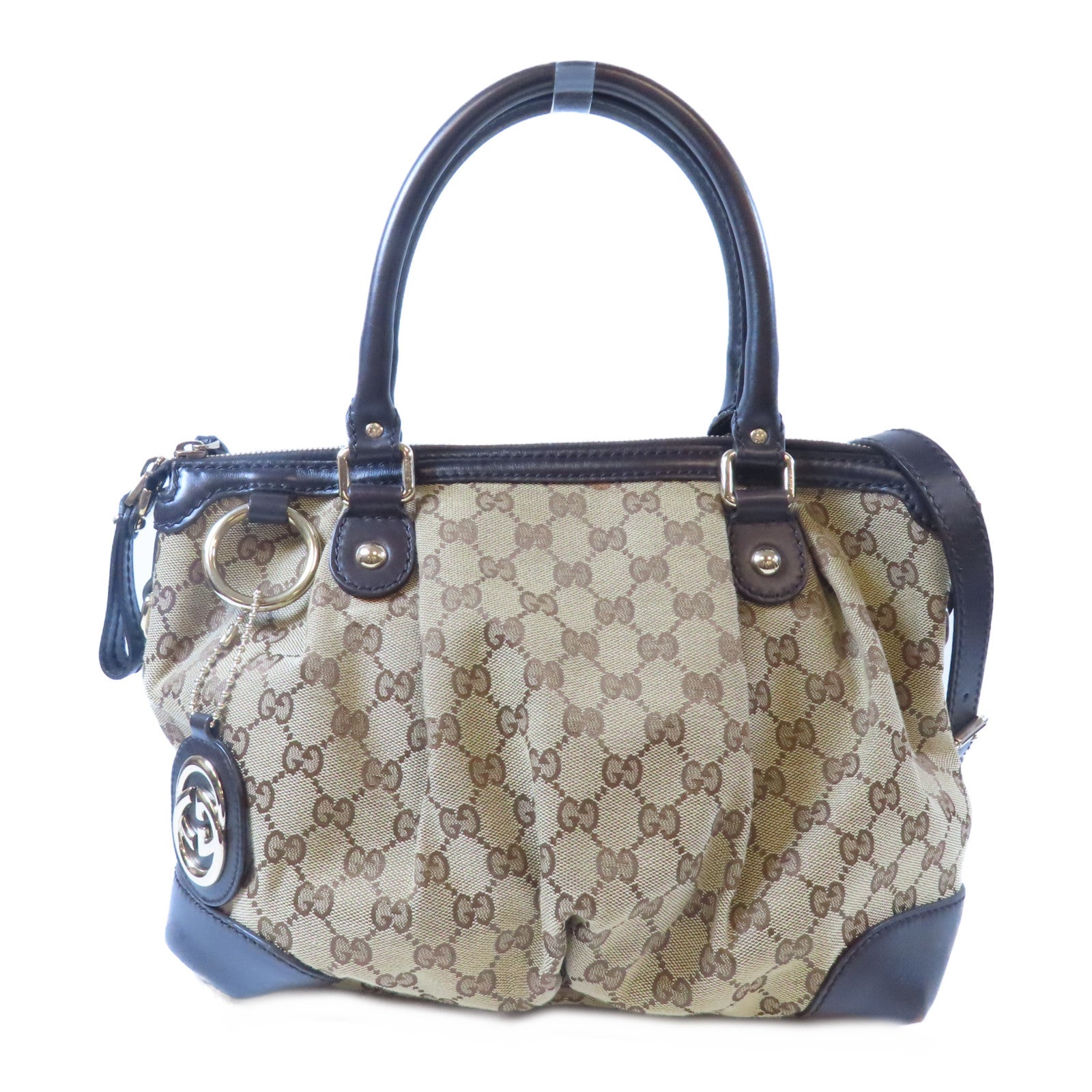 GUCCI 帆布Shoulder Bag金扣手挽肩背兩用袋啡色
