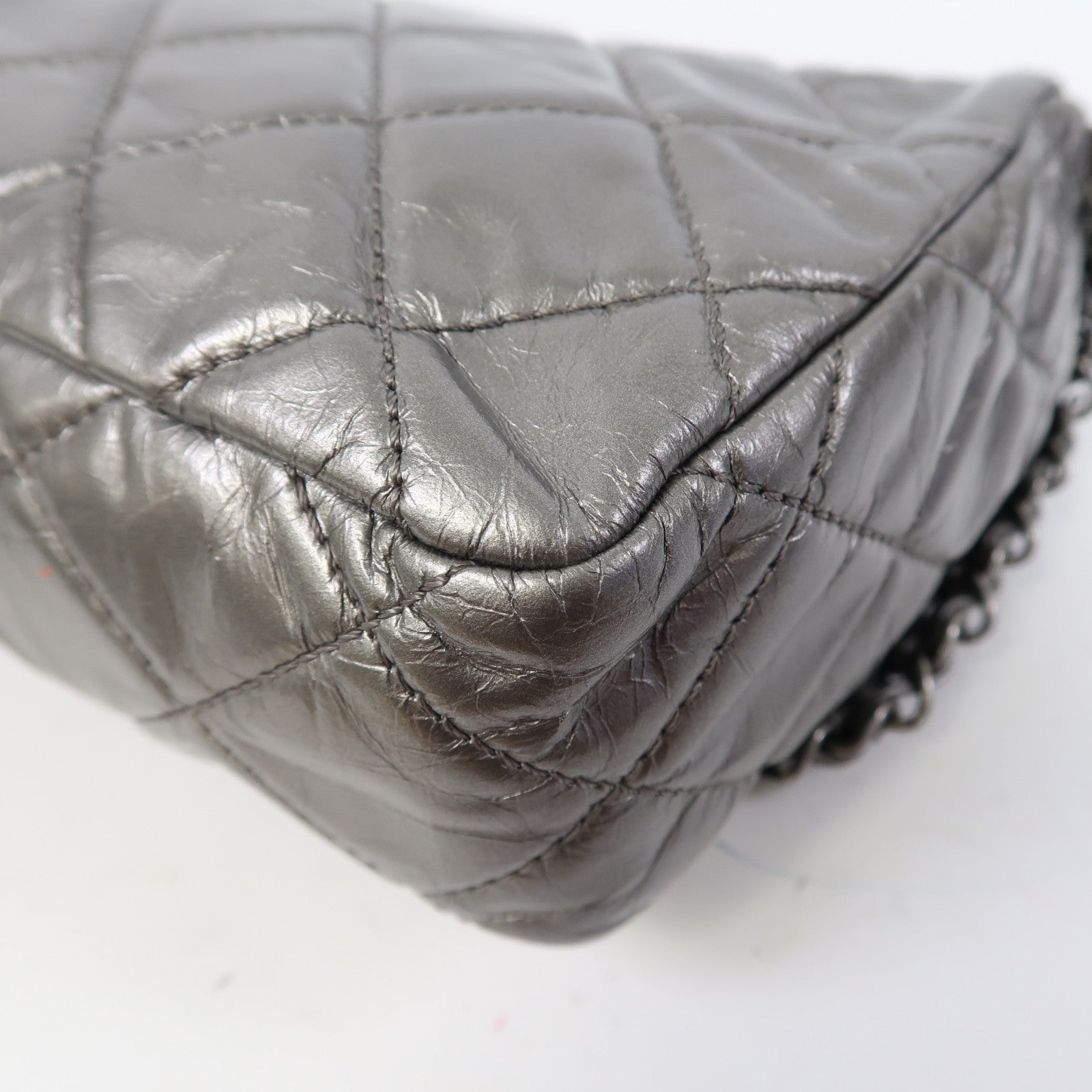 CHANEL 菱格牛皮皮革Chain Shoulder銀扣鏈帶肩背袋銀色