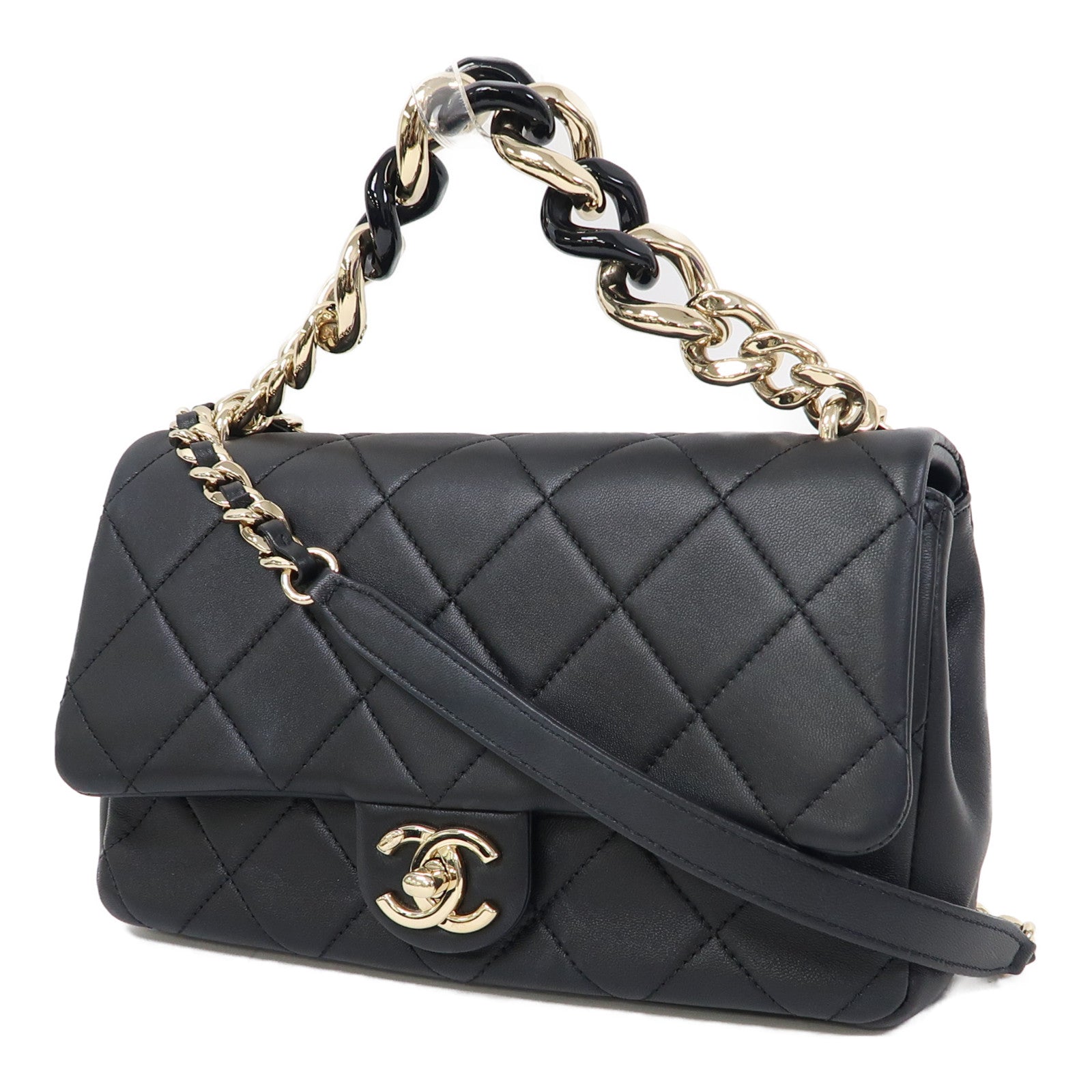 CHANEL 菱格羊皮皮革Chain Shoulder金扣鏈帶肩背袋