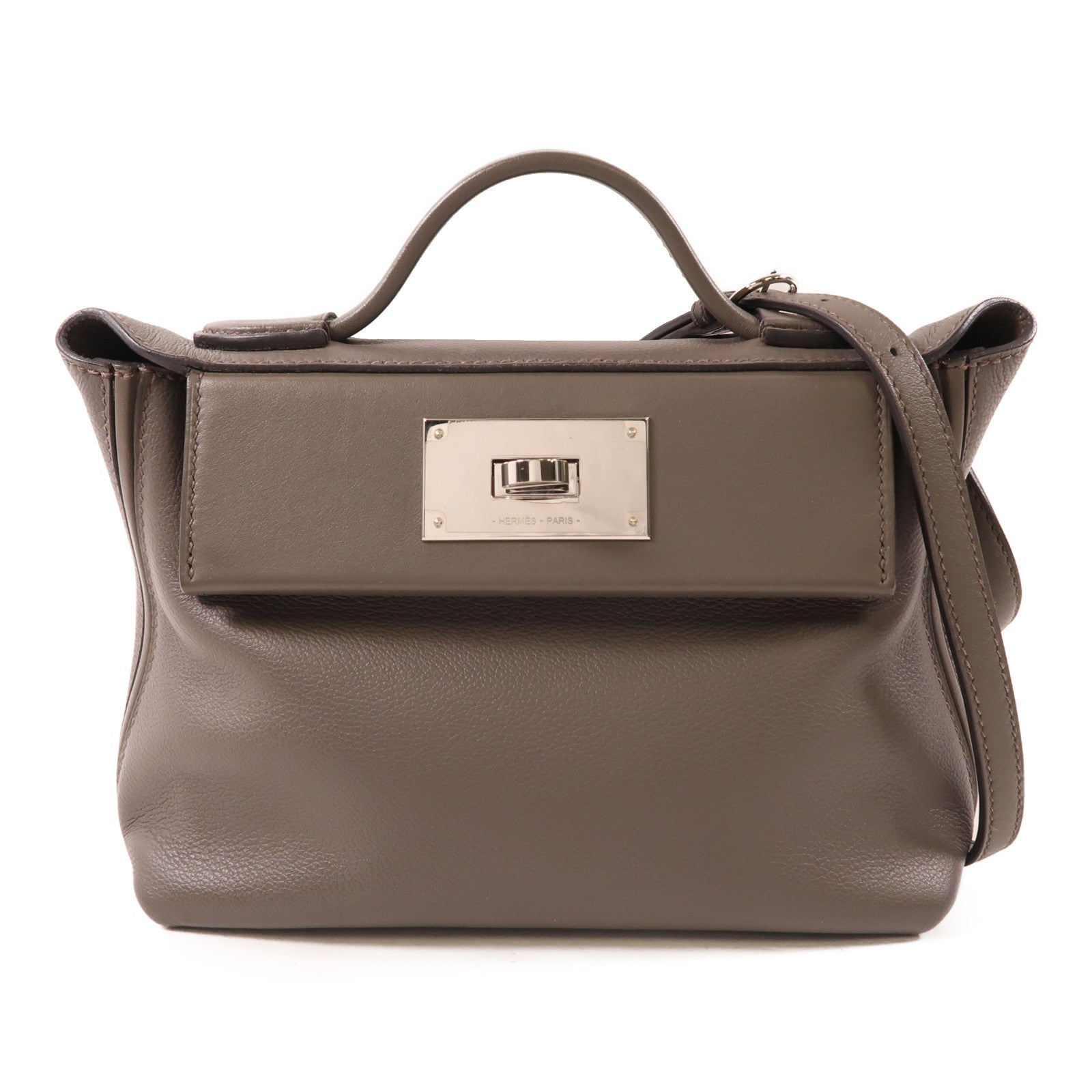 HERMES Evercolor皮革24/24 Mini銀扣手挽肩背兩用袋Etain灰色