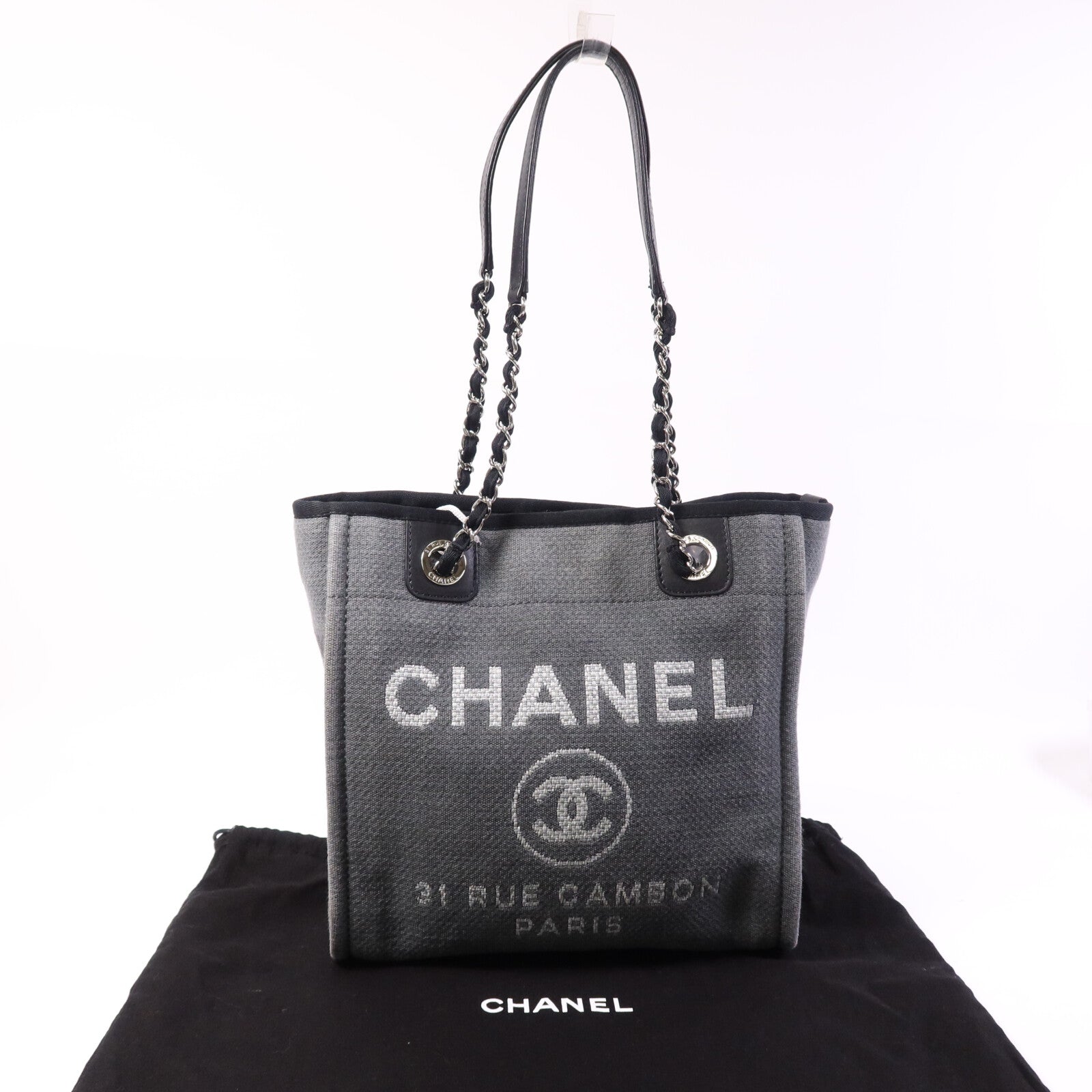 CHANEL 帆布Deauvilie銀扣鏈帶手挽袋