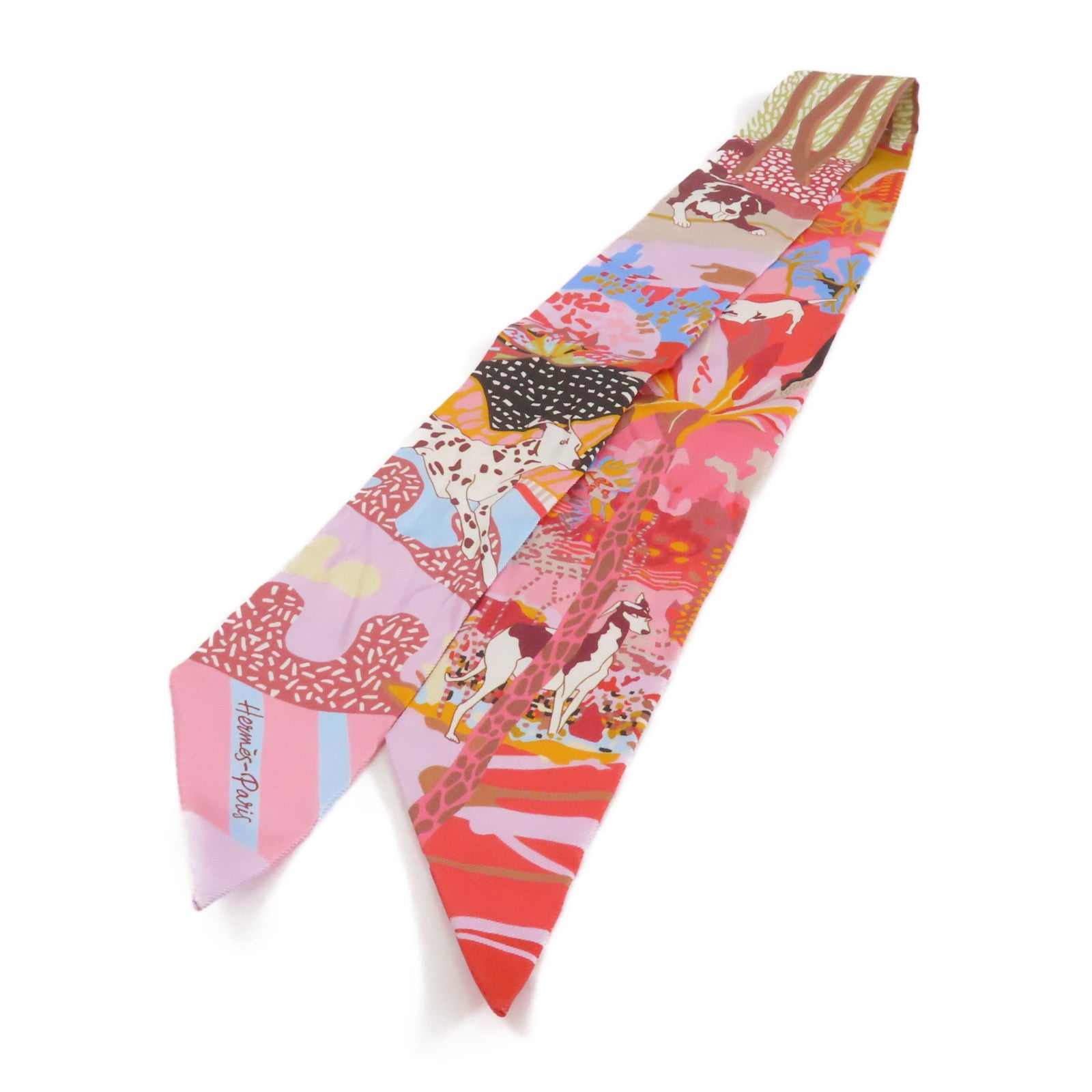 HERMES 絲質Twilly絲巾粉紅色/橙色
