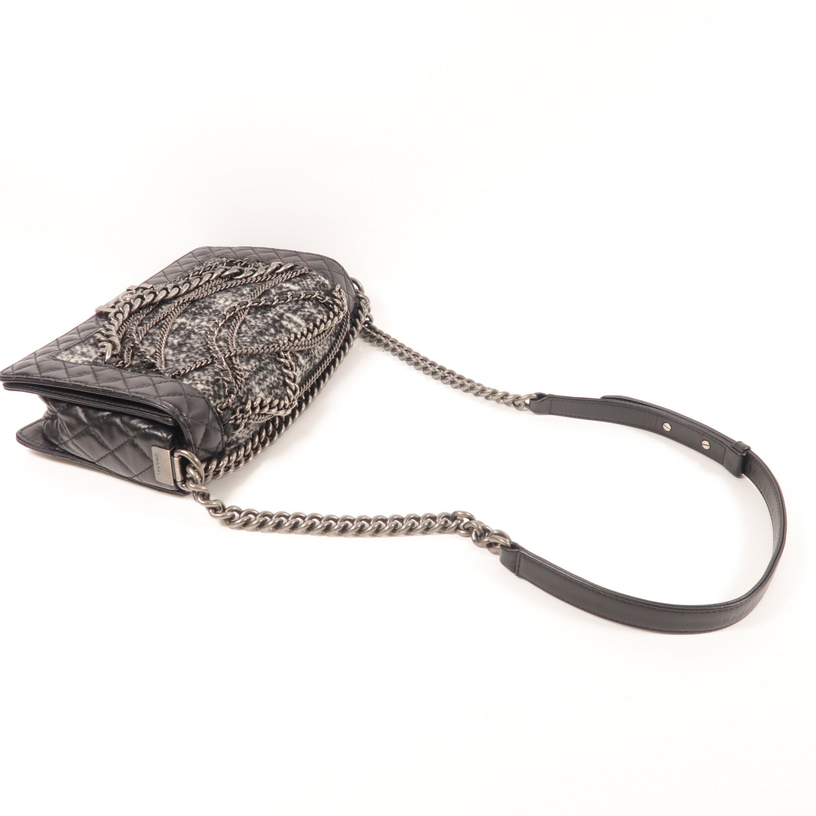 CHANEL CC Boy 28 Chain Shoulder Bag Tweed/Calfskin Leather Black