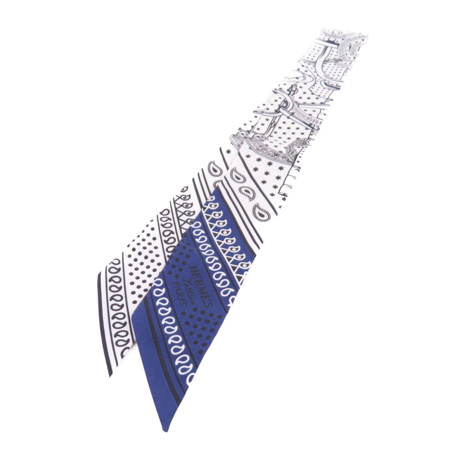 HERMES 絲質Twilly Scarf絲巾白色/黑色/藍色