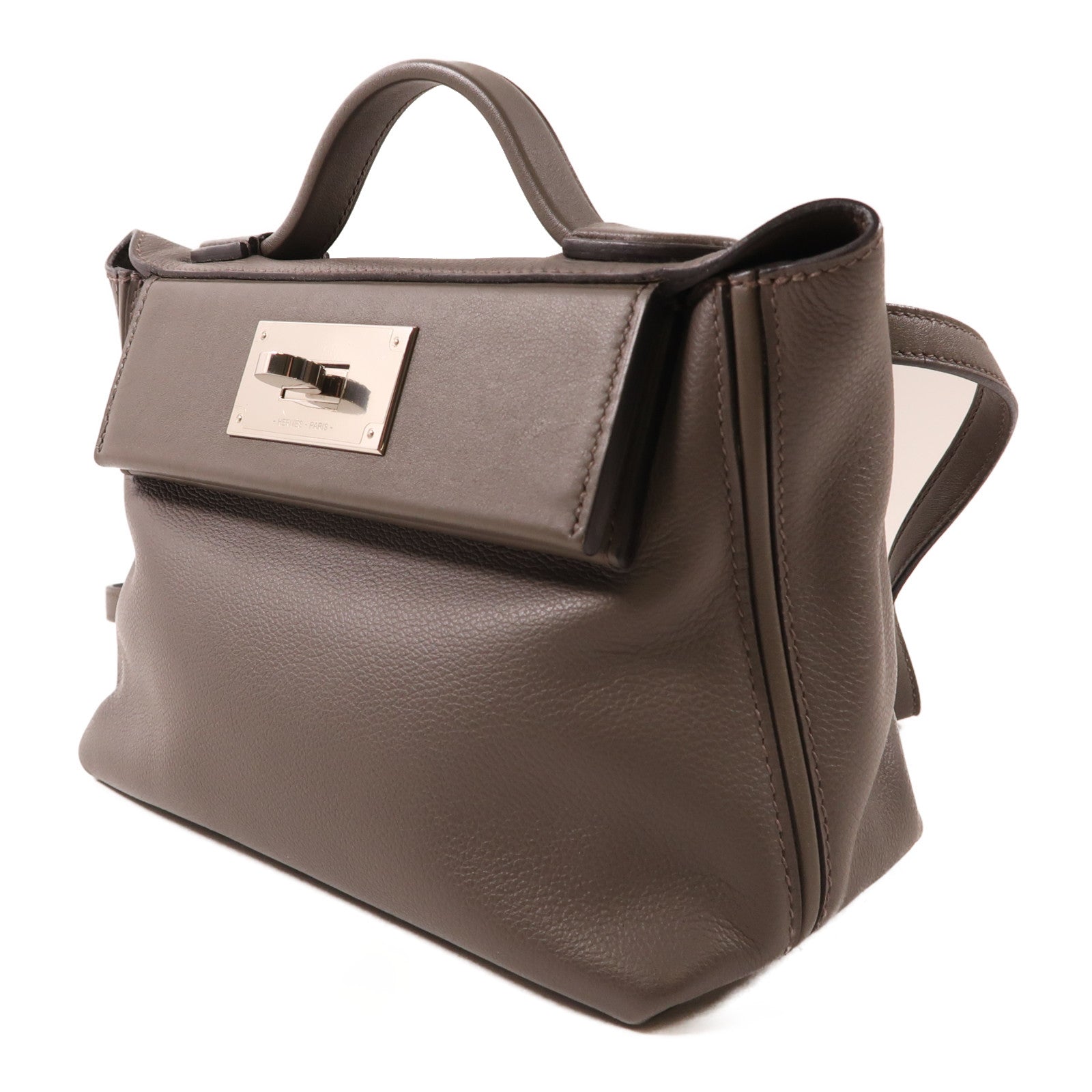 HERMES Evercolor皮革24/24 Mini銀扣手挽肩背兩用袋Etain灰色