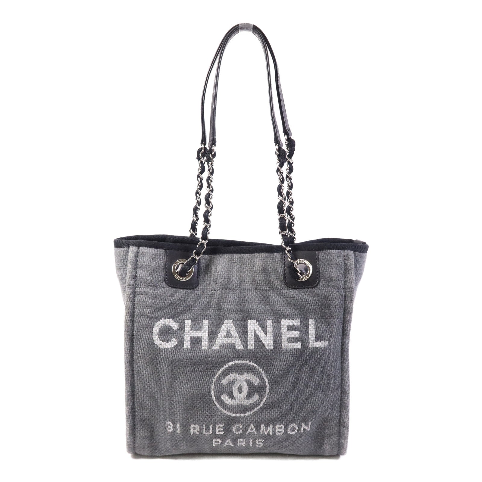 CHANEL 帆布Deauvilie銀扣鏈帶手挽袋