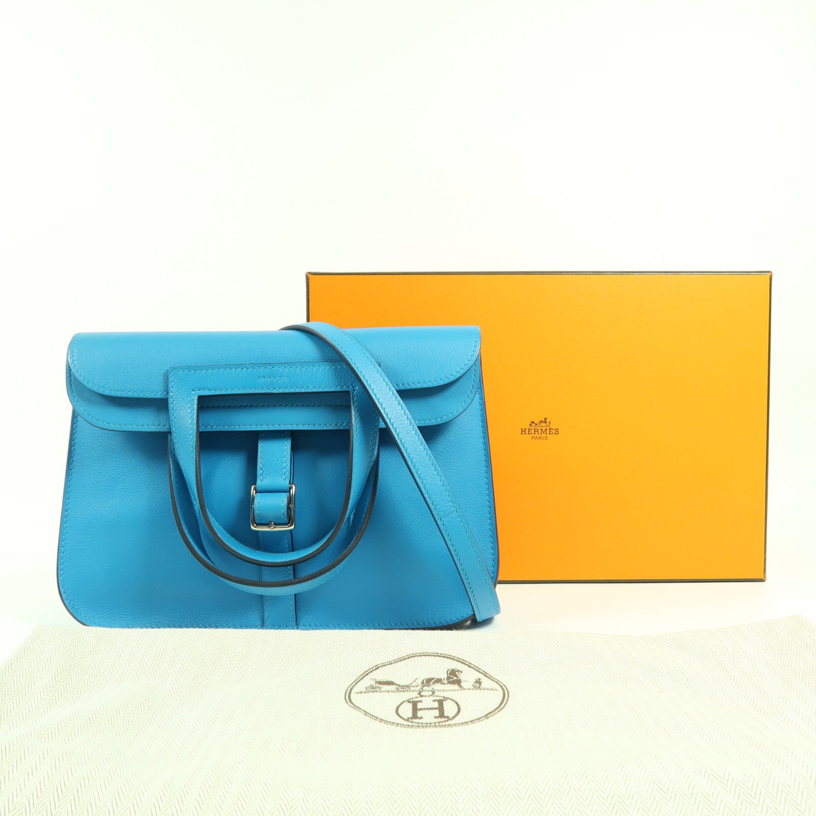 HERMES Swift皮革Halzan 25銀扣手挽肩背兩用袋Blue Frida