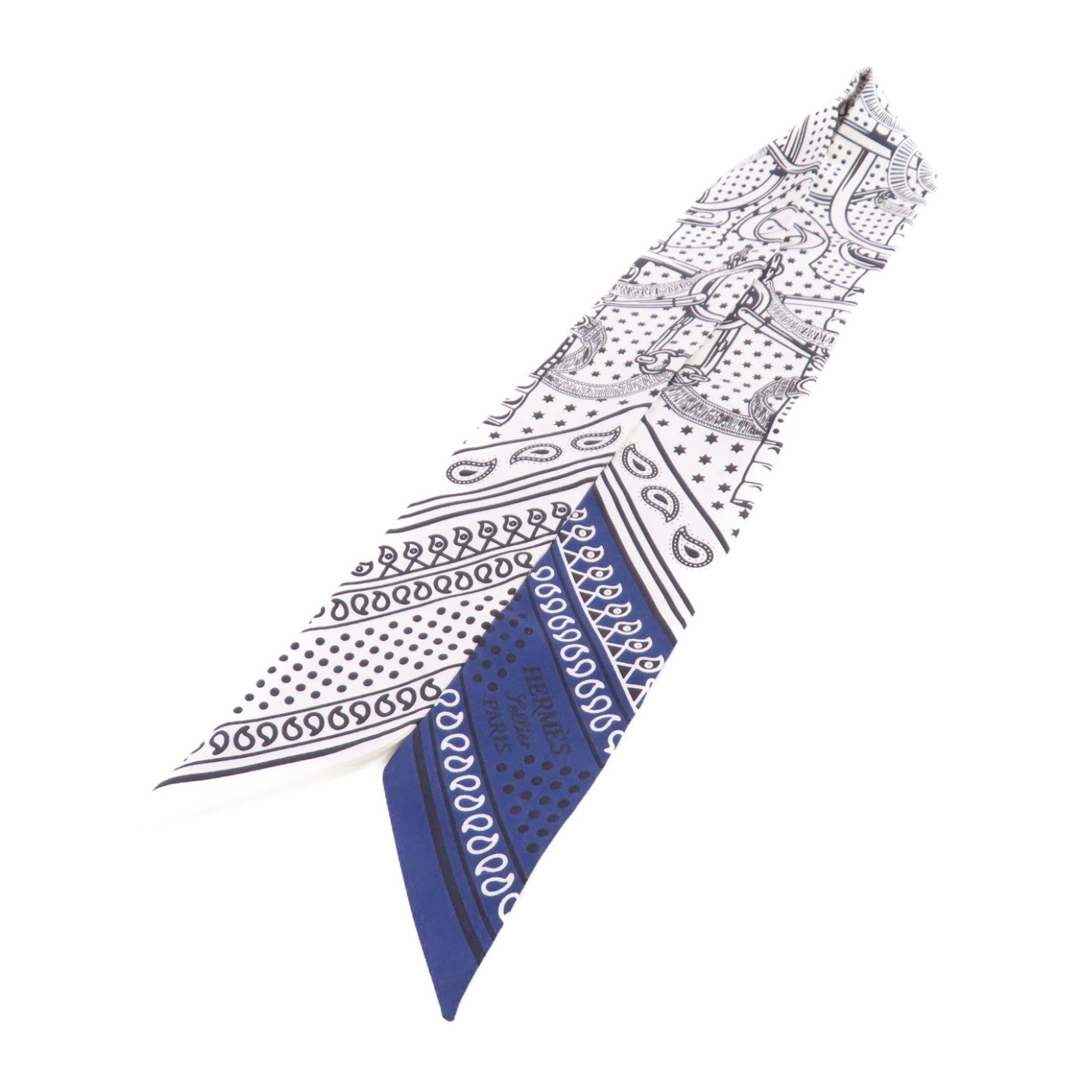 HERMES 絲質Twilly Scarf絲巾白色/黑色/藍色