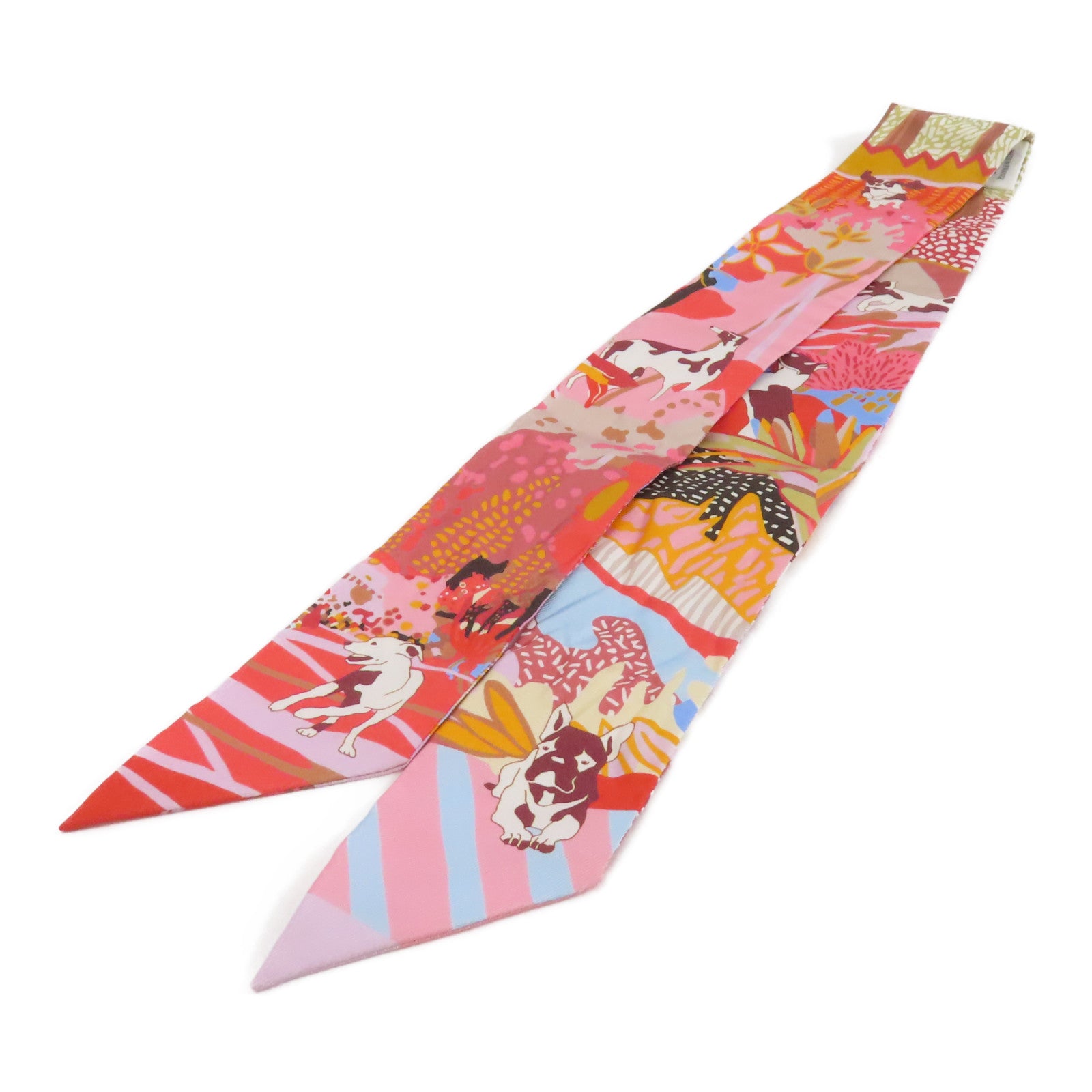 HERMES 絲質Twilly絲巾粉紅色/橙色