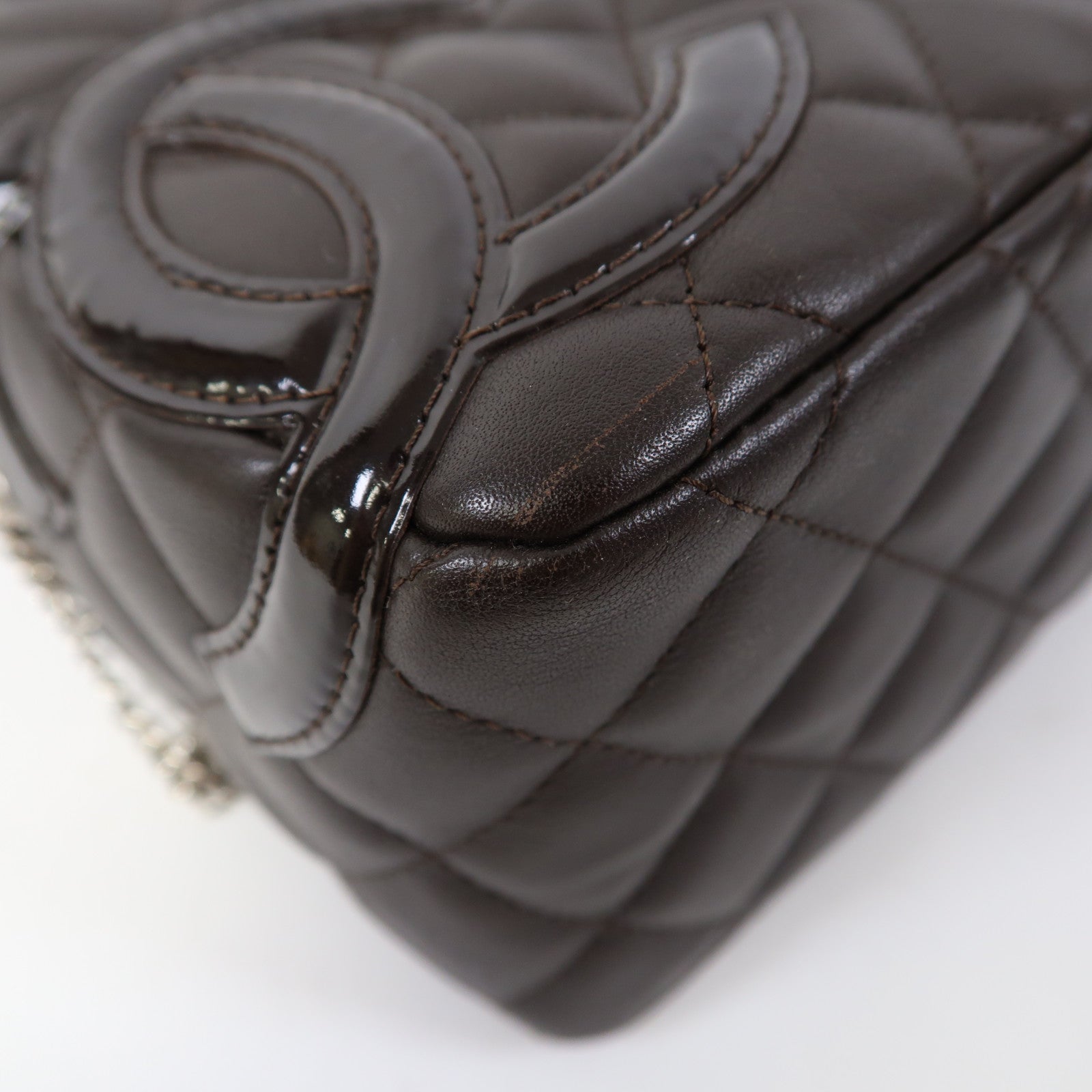 CHANEL 菱格牛皮皮革Cambon Ligne銀扣手挽袋啡色
