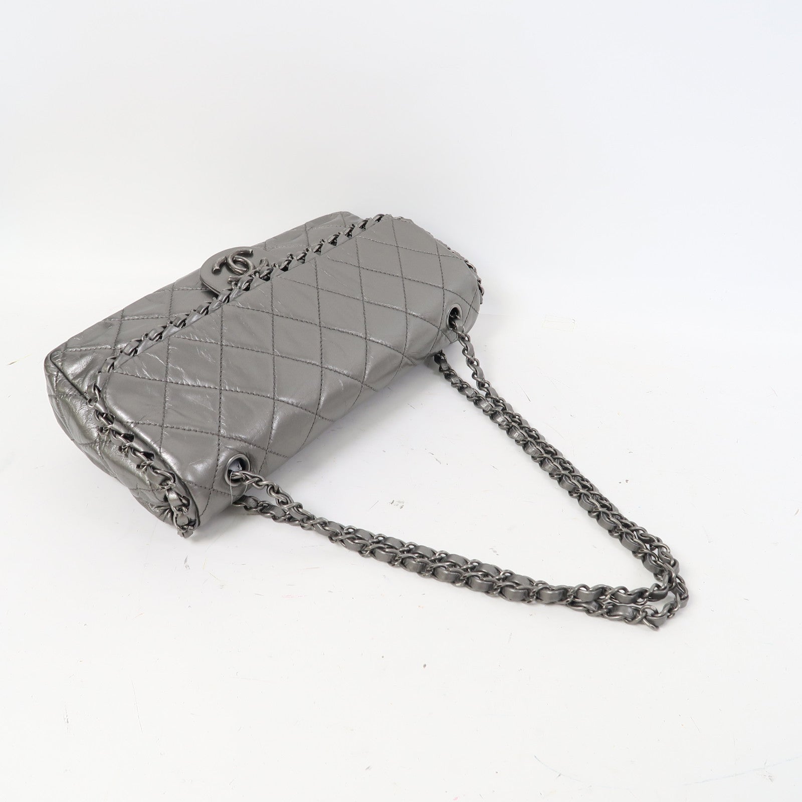CHANEL 菱格牛皮皮革Chain Shoulder銀扣鏈帶肩背袋銀色