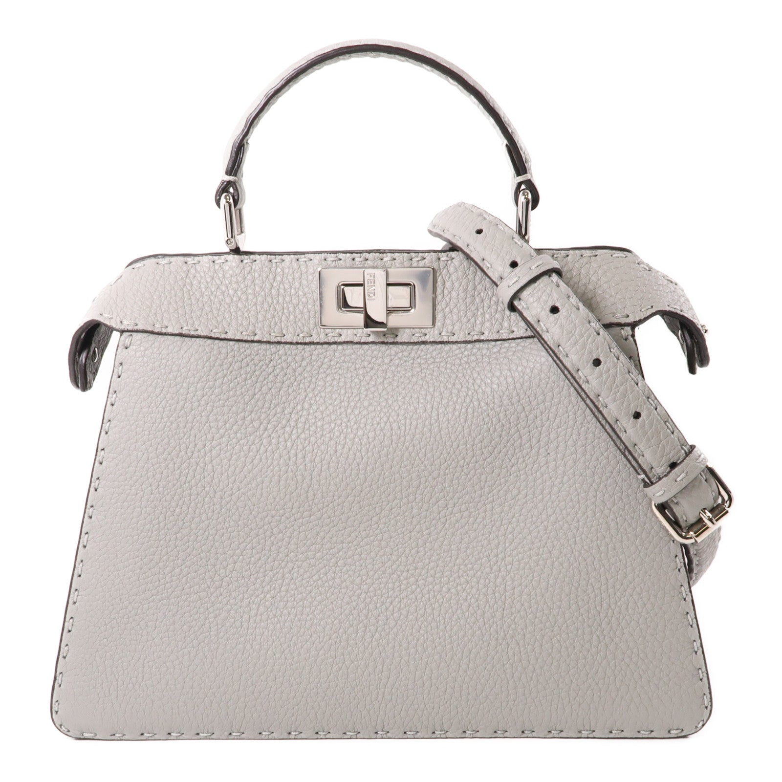 FENDI 牛皮皮革Peekaboo銀扣手挽肩背兩用袋灰色