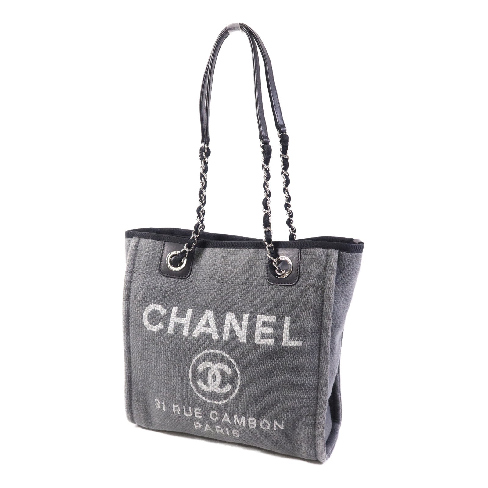 CHANEL 帆布Deauvilie銀扣鏈帶手挽袋