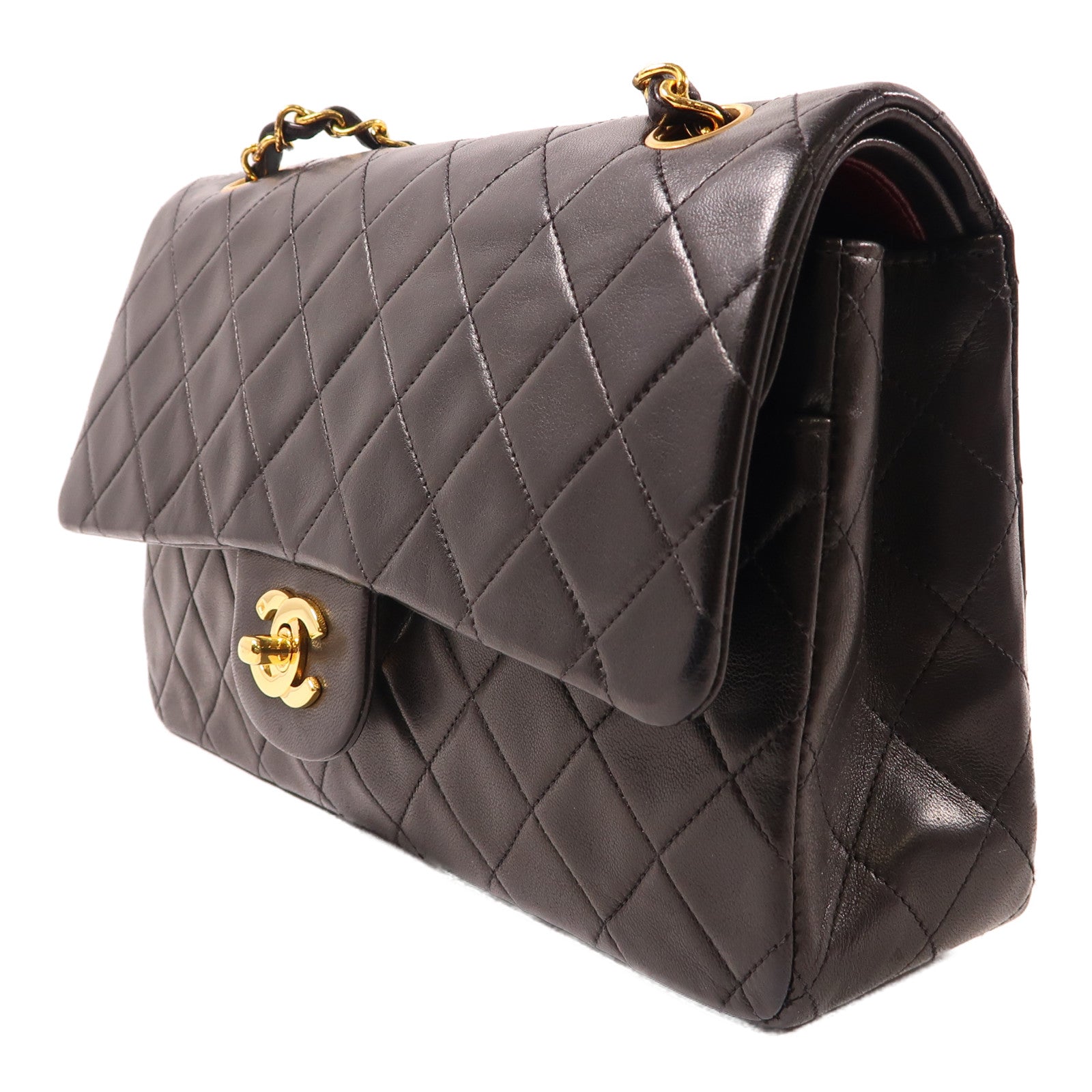 CHANEL 菱格牛皮皮革Chain Shoulder金扣鏈帶肩背袋黑色