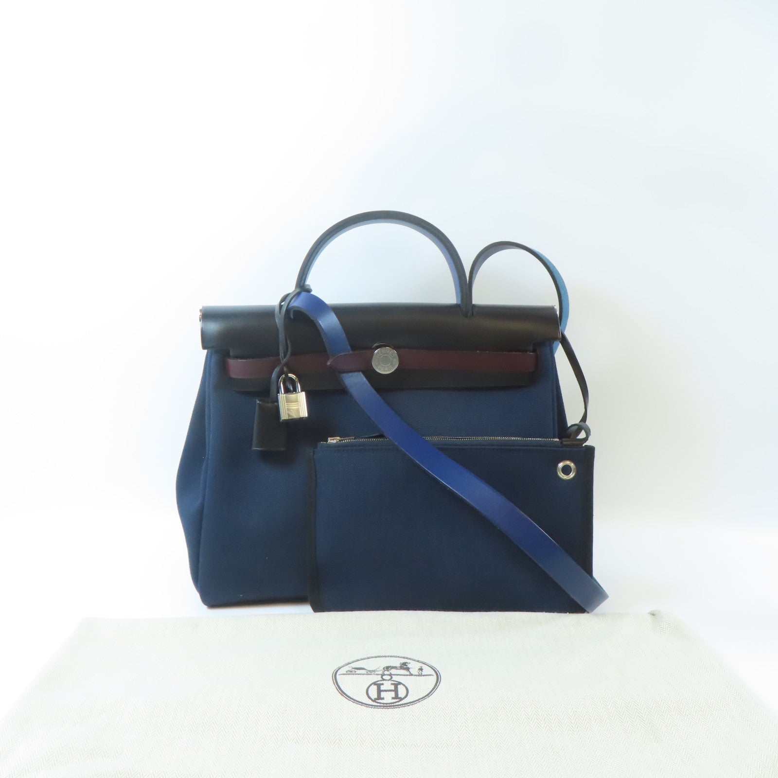 HERMES 帆布Herbag PM銀扣手挽肩背兩用袋深藍色