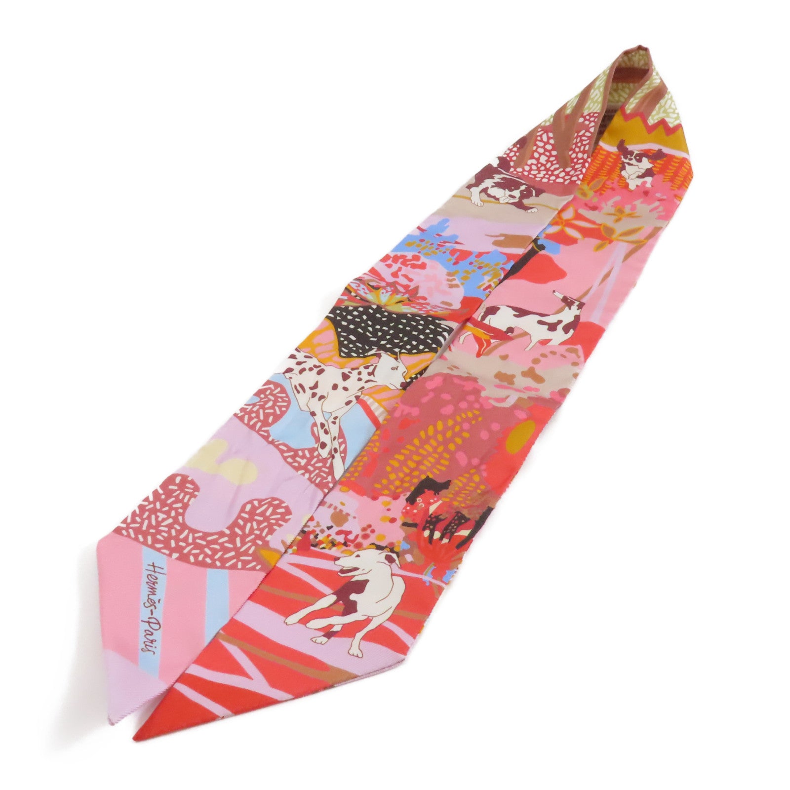 HERMES 絲質Twilly絲巾粉紅色/橙色