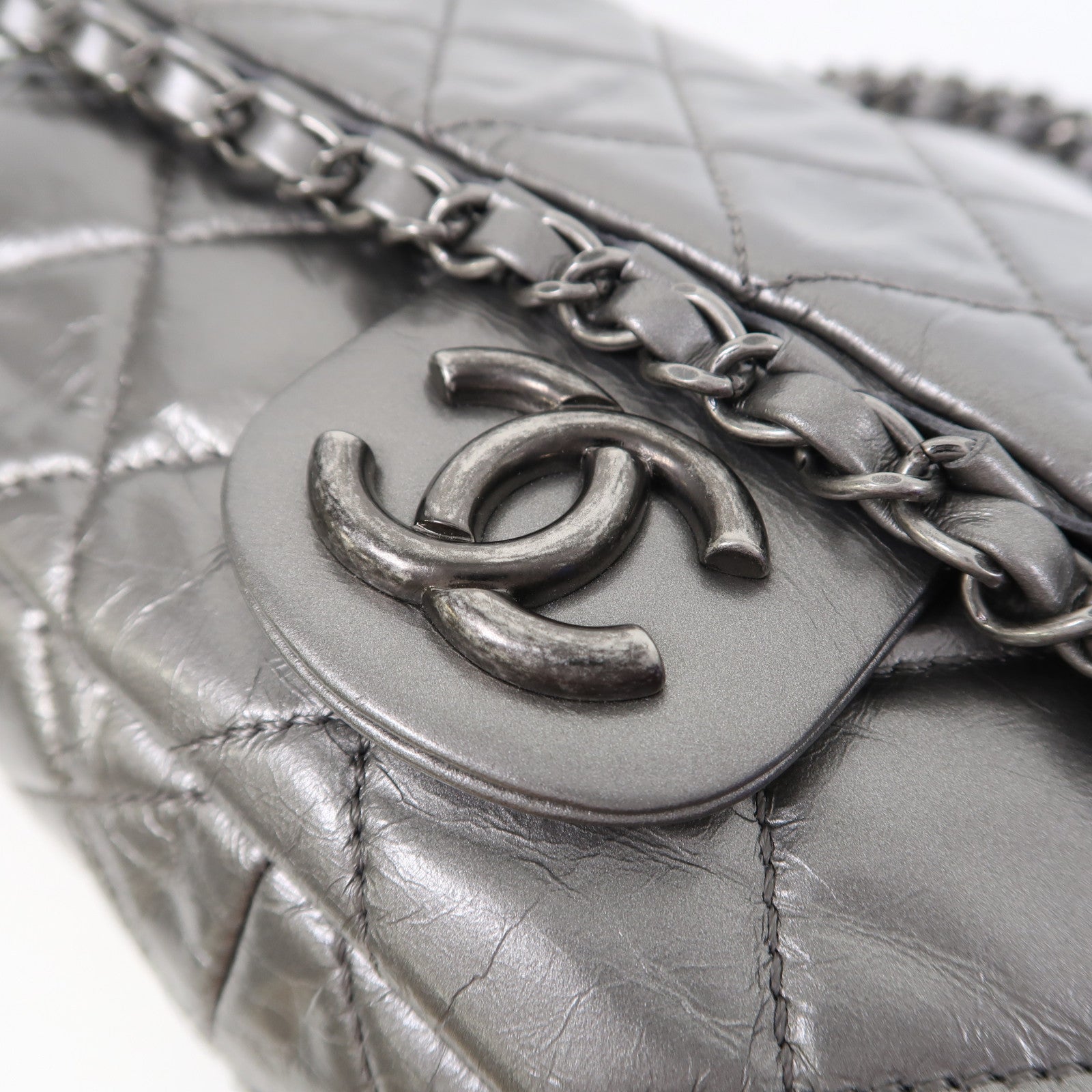 CHANEL 菱格牛皮皮革Chain Shoulder銀扣鏈帶肩背袋銀色