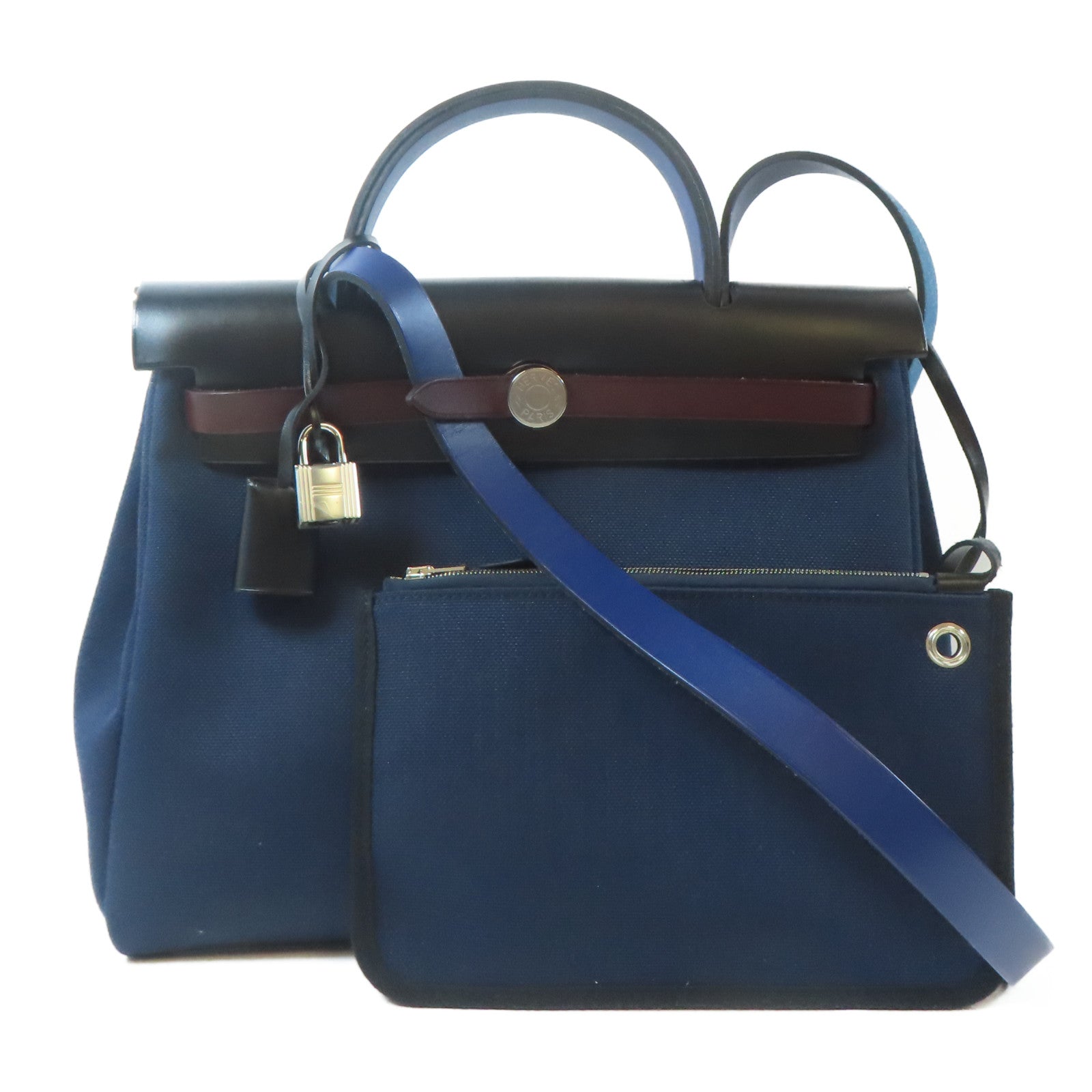 HERMES 帆布Herbag PM銀扣手挽肩背兩用袋深藍色