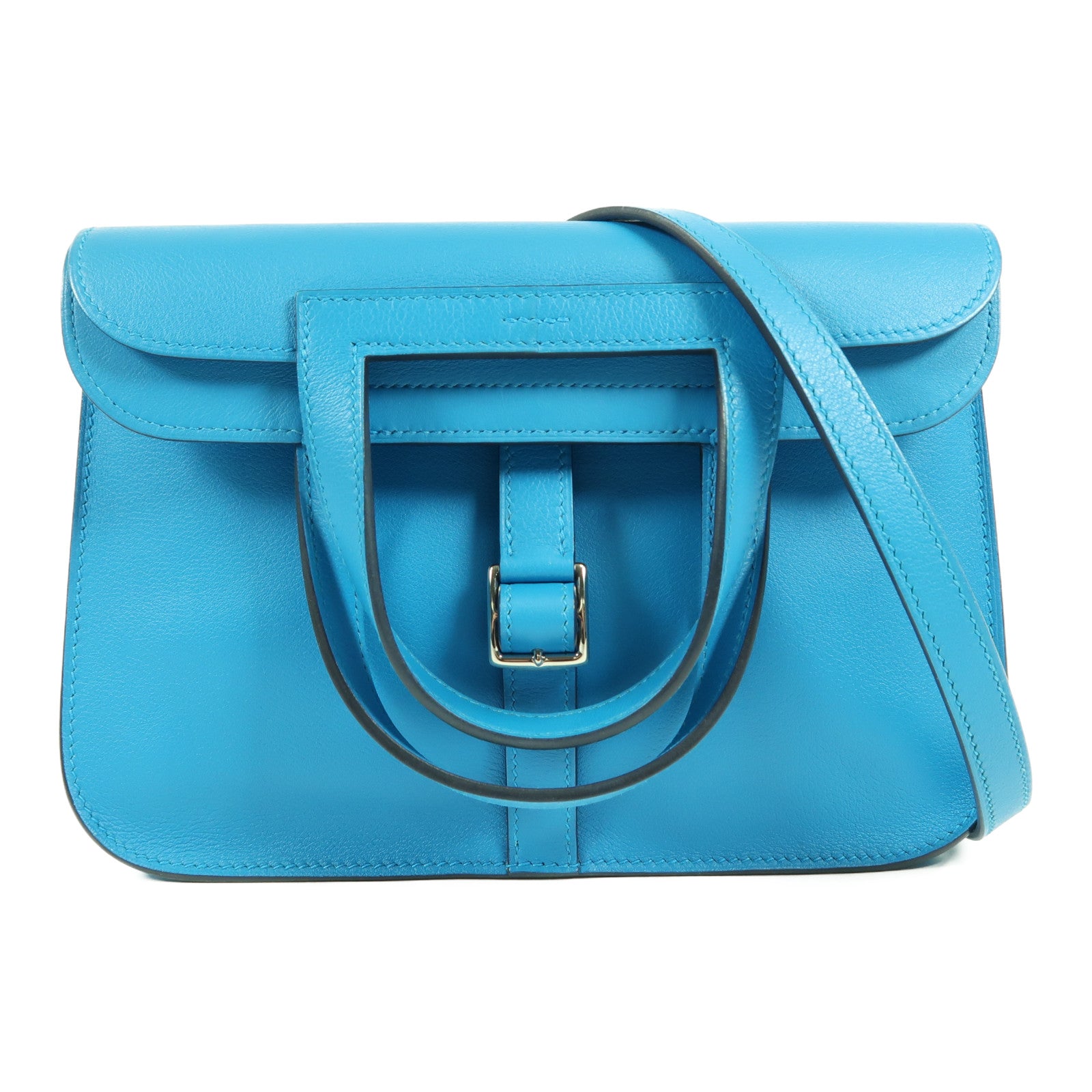HERMES Swift皮革Halzan 25銀扣手挽肩背兩用袋Blue Frida