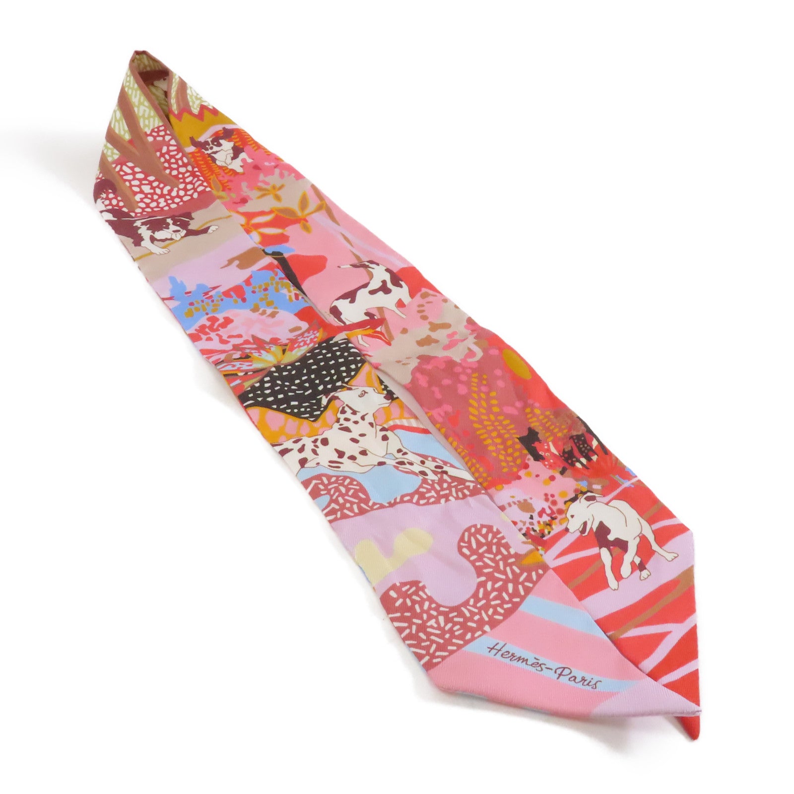 HERMES 絲質Twilly絲巾粉紅色/橙色
