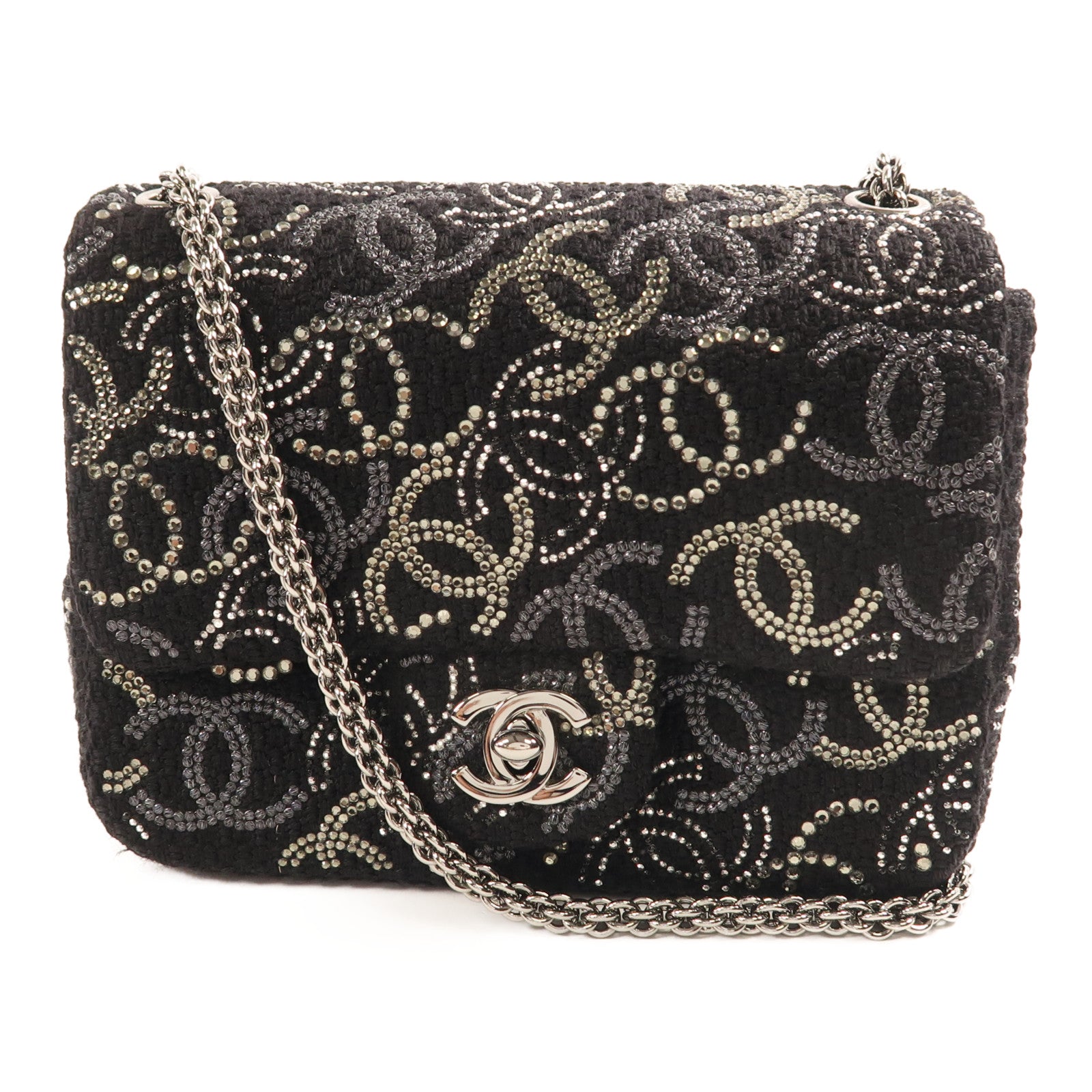 CHANEL Tweed Chain Shoulder銀扣鏈帶肩背袋