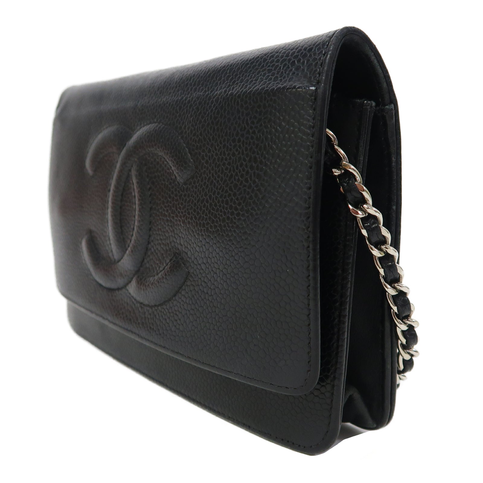 CHANEL Caviar皮革Wallet On Chain銀扣鏈帶肩背袋黑色