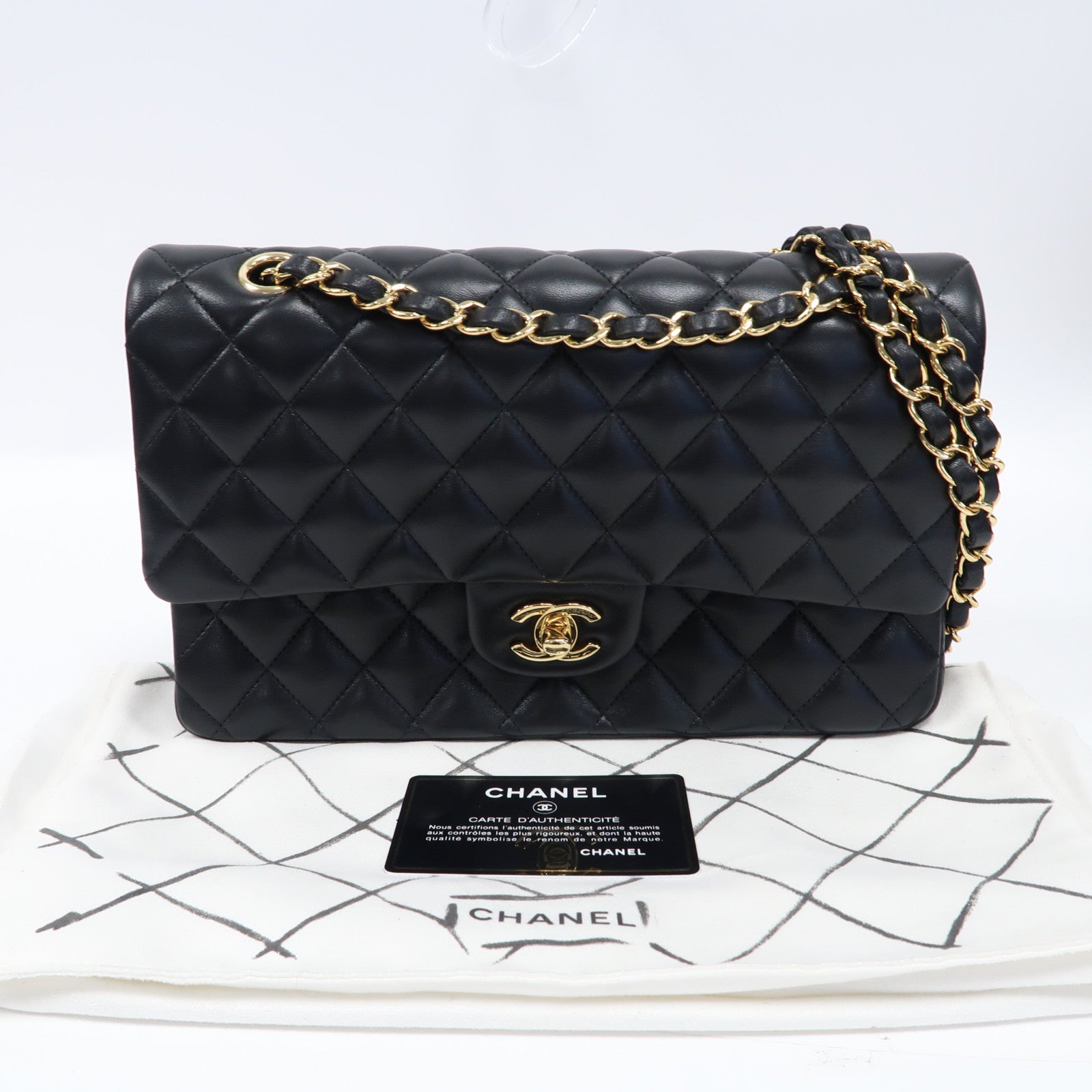 CHANEL 菱格羊皮皮革Classic Flap金扣鏈帶肩背袋黑色