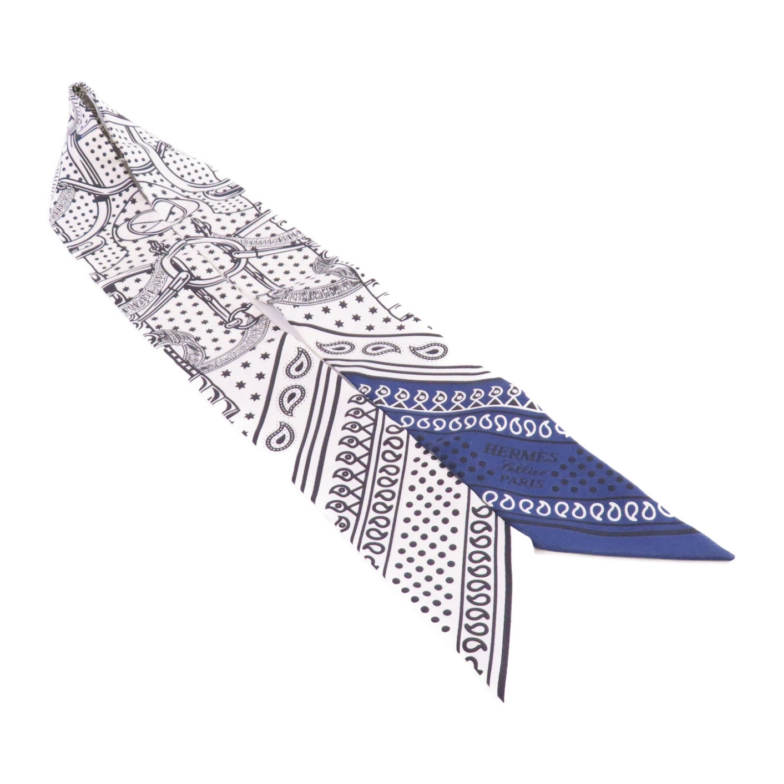 HERMES 絲質Twilly Scarf絲巾白色/黑色/藍色