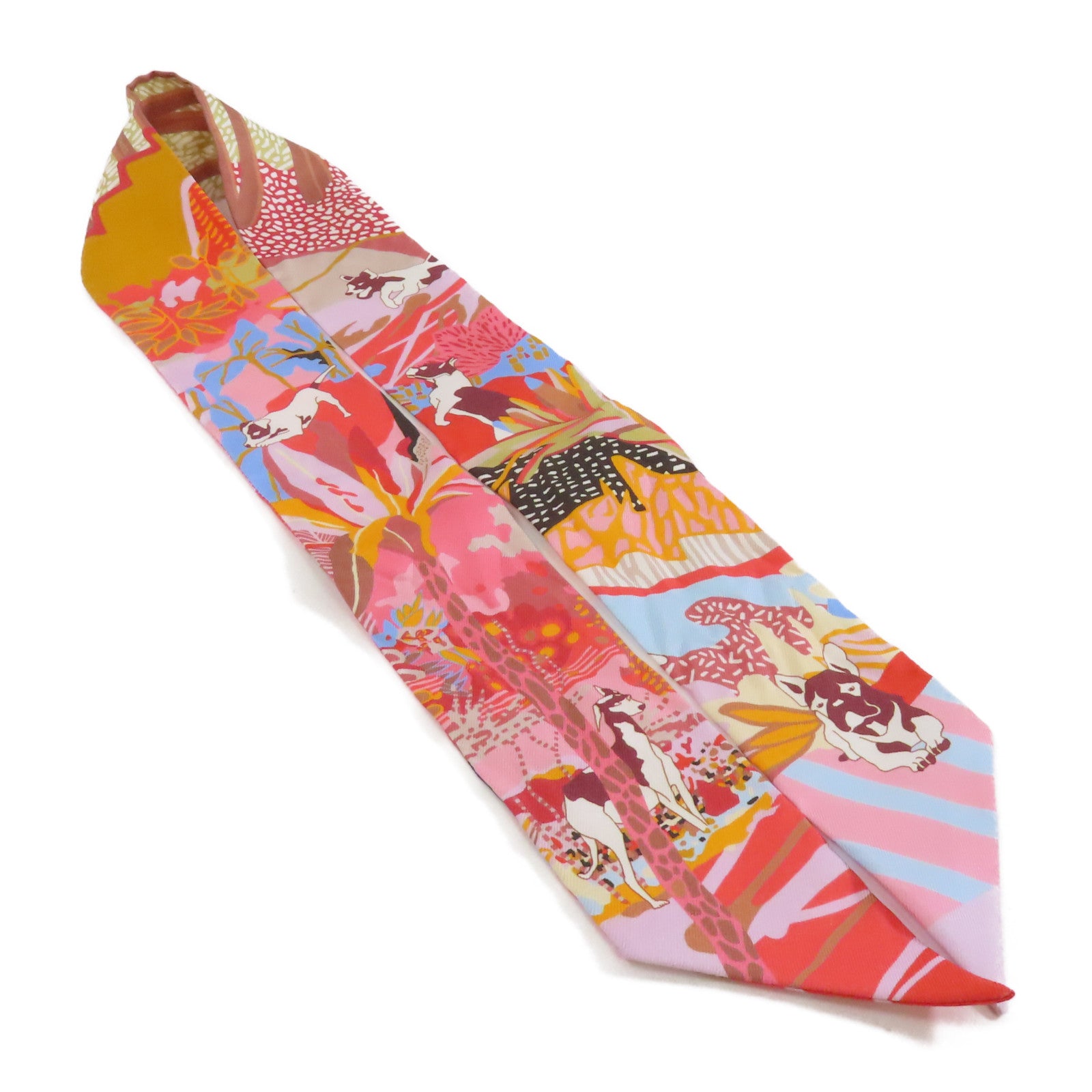 HERMES 絲質Twilly絲巾粉紅色/橙色
