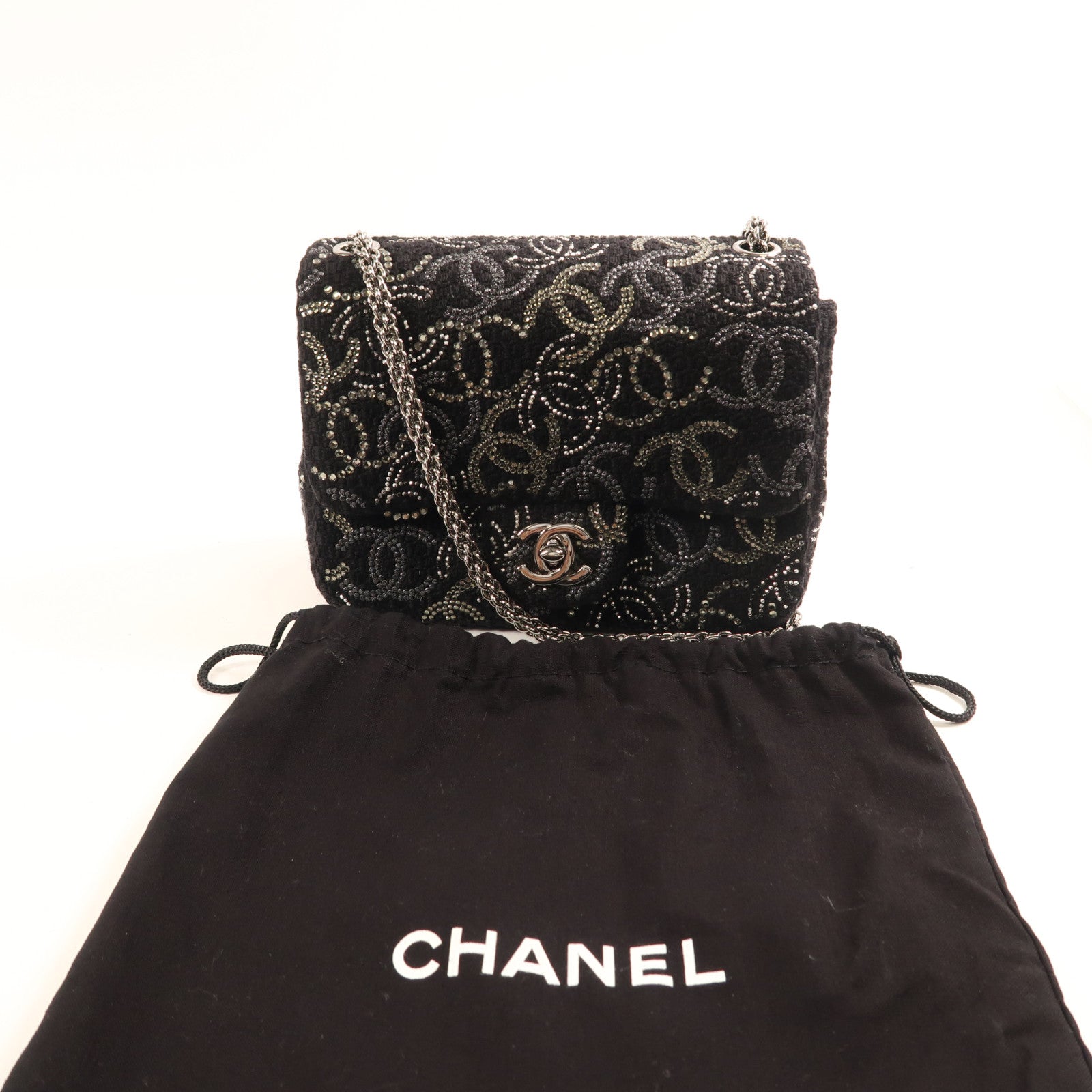 CHANEL Tweed Chain Shoulder銀扣鏈帶肩背袋