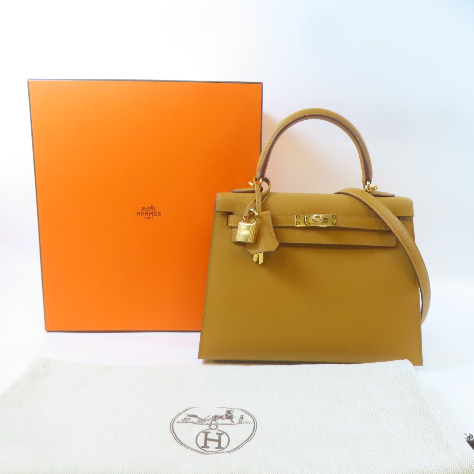 HERMES Epsom皮革Kelly 25金扣手挽肩背兩用袋Sesame/啡色