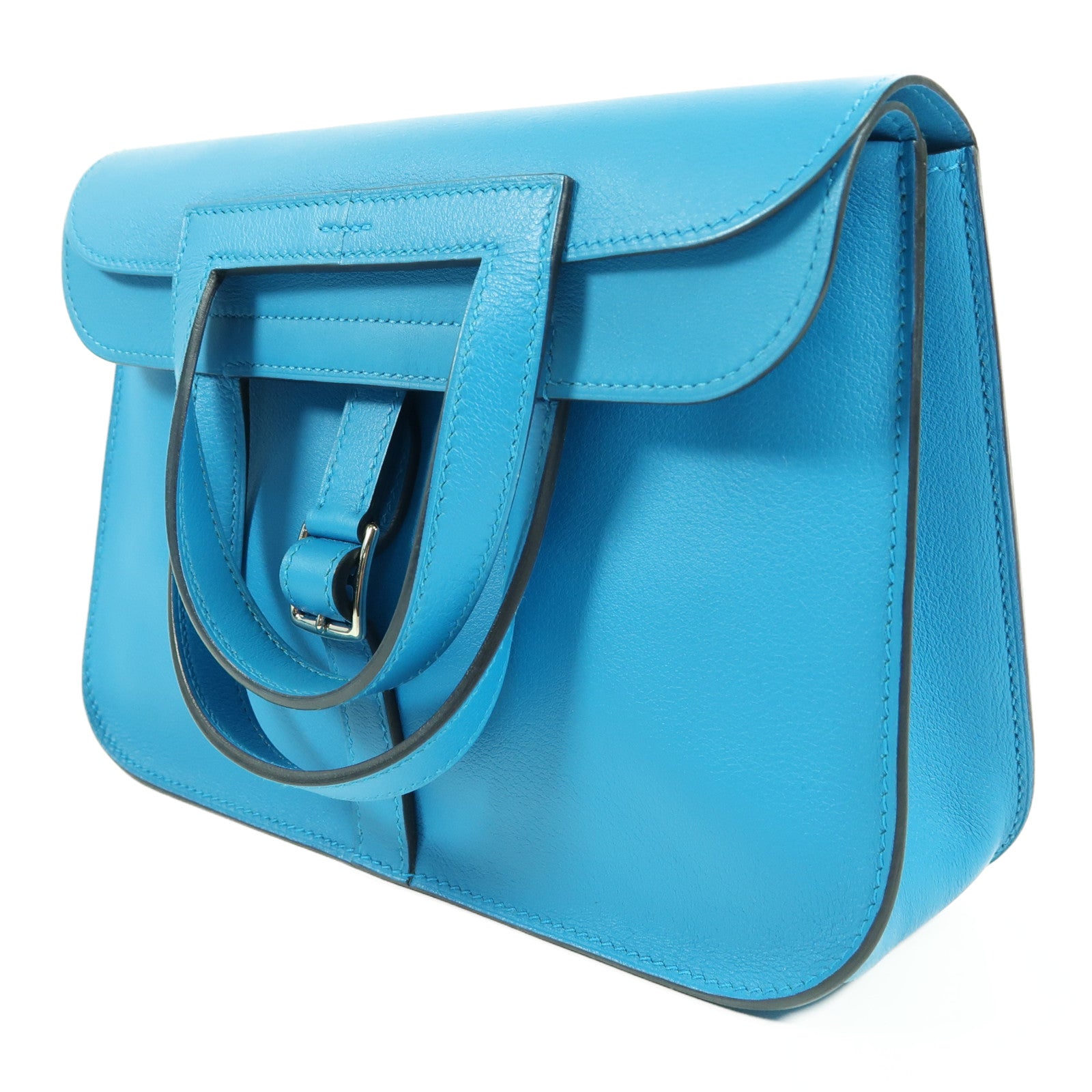 HERMES Swift皮革Halzan 25銀扣手挽肩背兩用袋Blue Frida