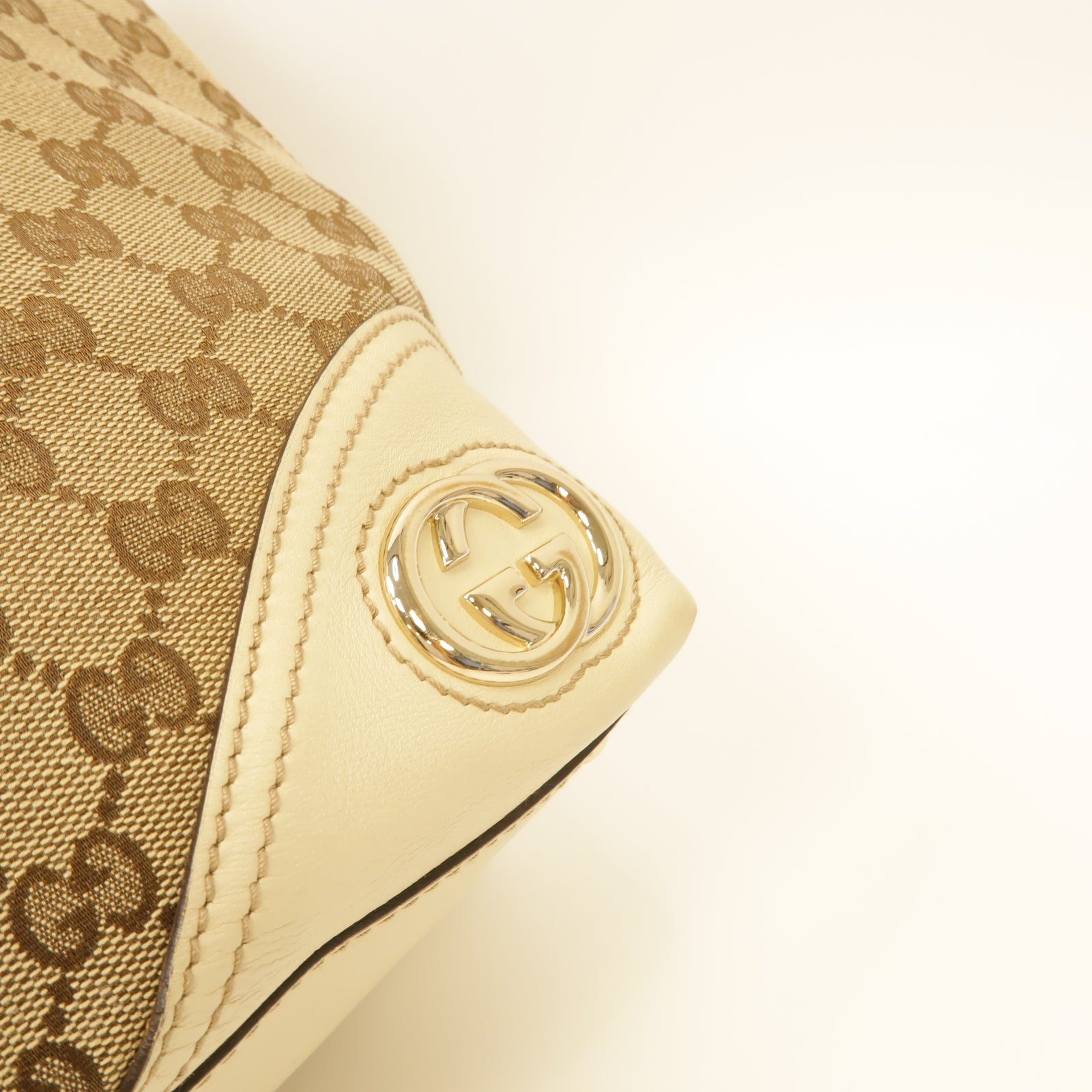 GUCCI 帆布Tote Bag金扣手挽袋白色/棕色