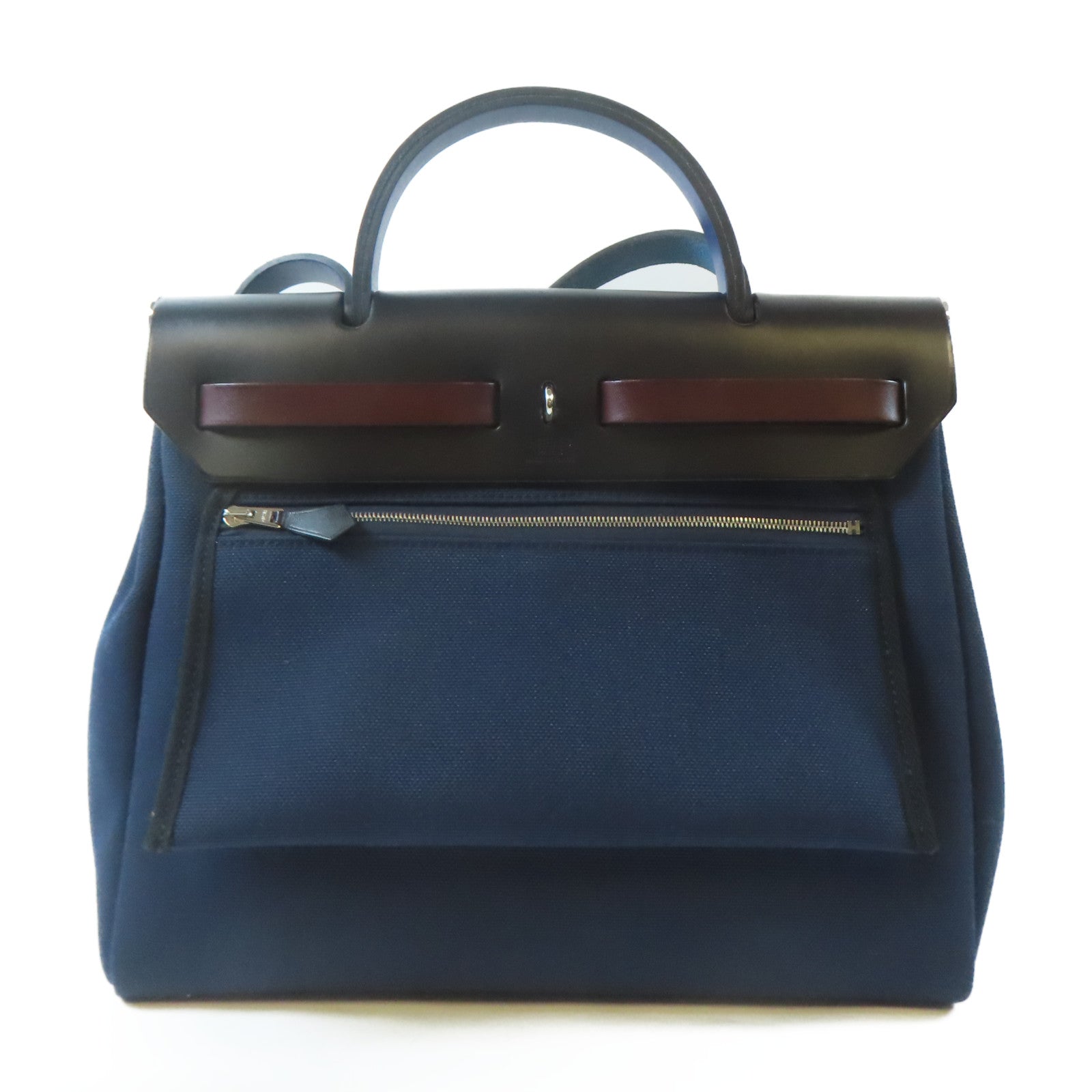 HERMES 帆布Herbag PM銀扣手挽肩背兩用袋深藍色
