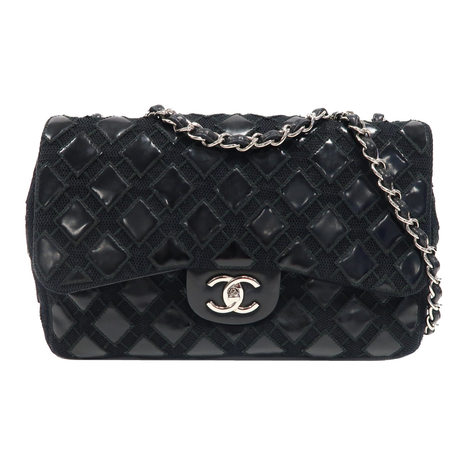 CHANEL 【激減優惠】菱格棉布Chain Shoulder銀扣鏈帶肩背袋黑色