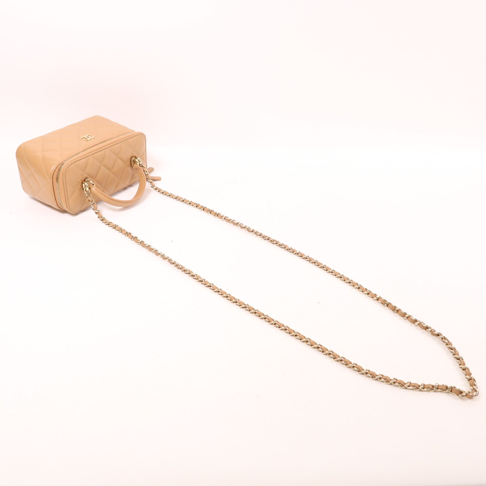 CHANEL CC GHW Vanity Chain 2 Way Bag Lambskin Leather Beige