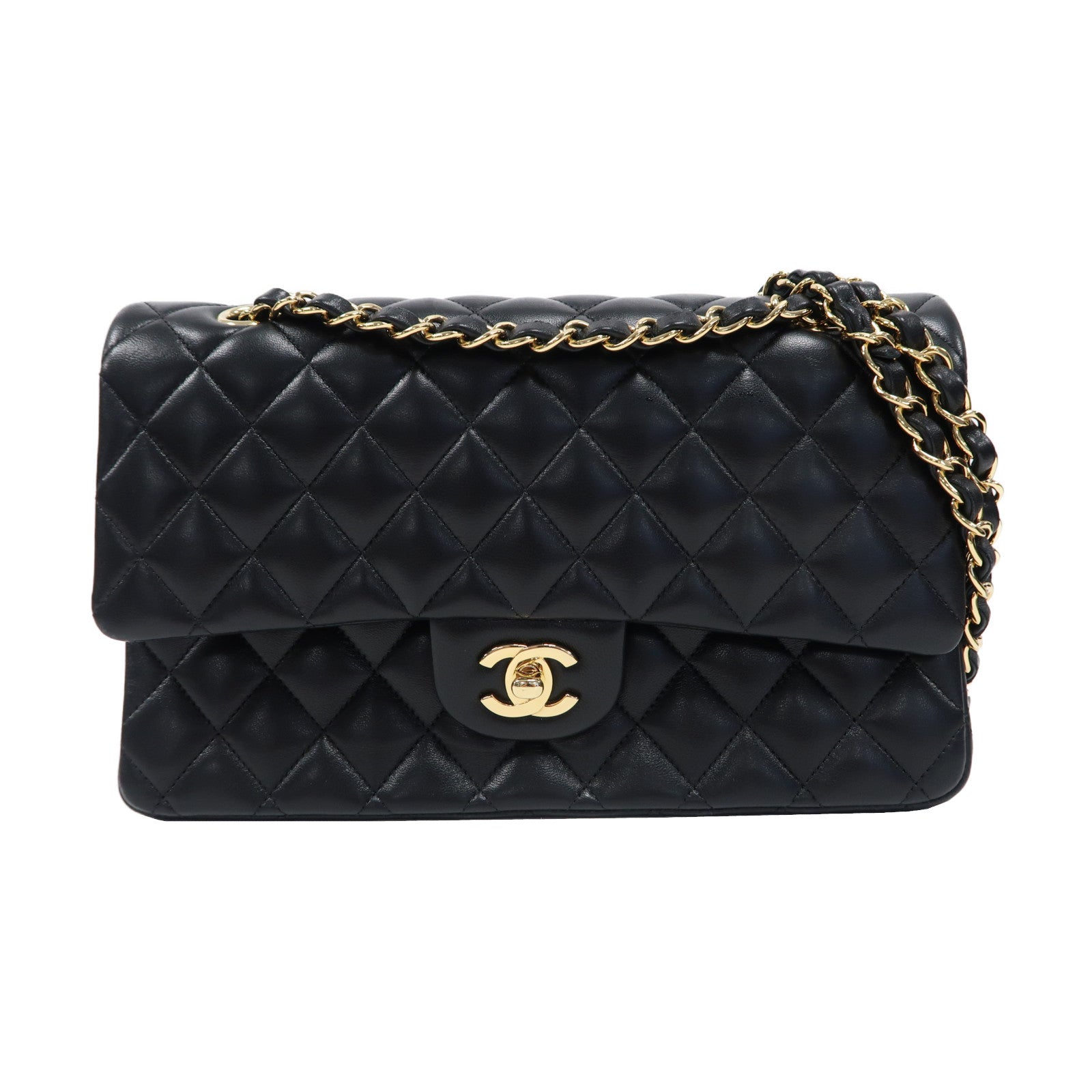 CHANEL 菱格羊皮皮革Classic Flap金扣鏈帶肩背袋黑色
