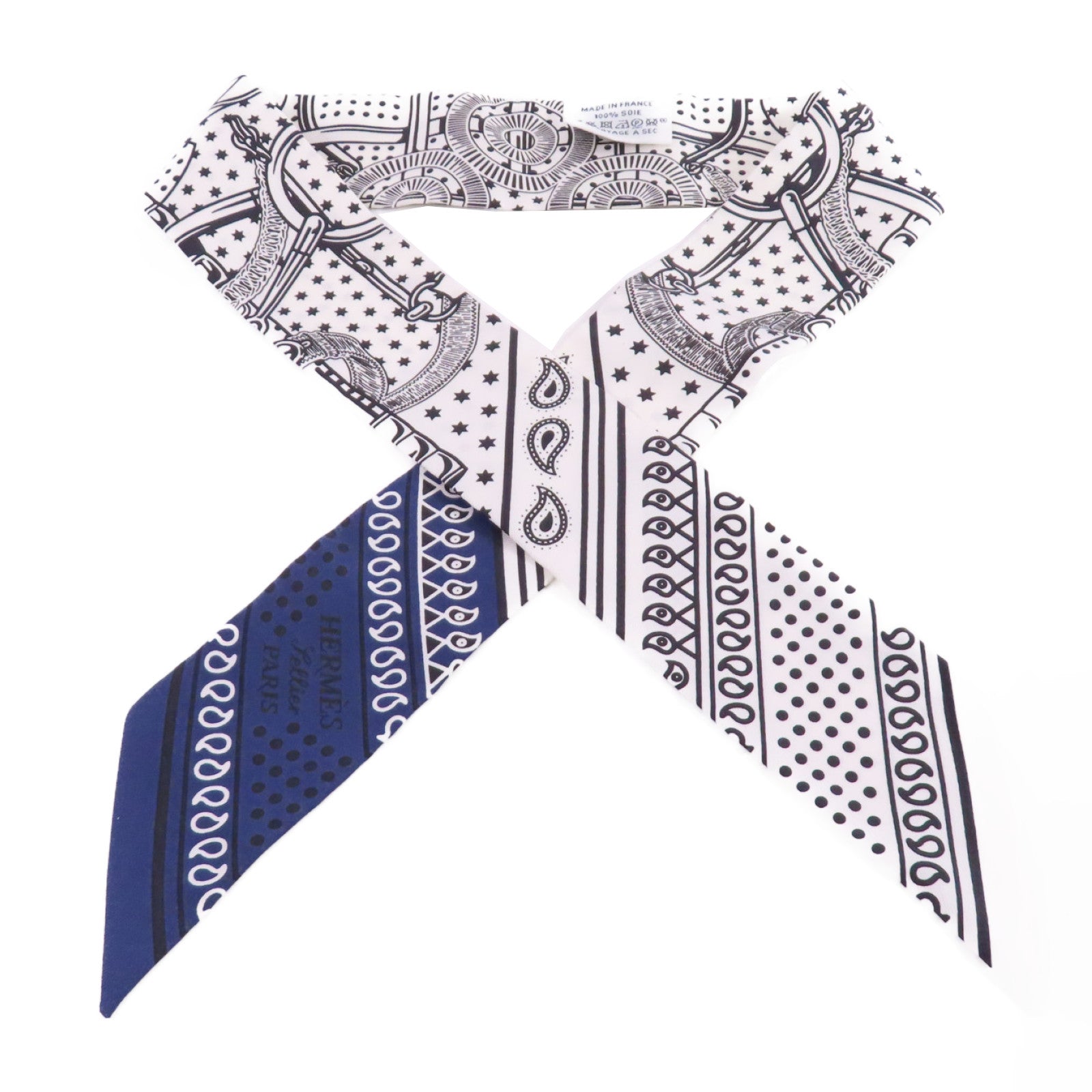 HERMES 絲質Twilly Scarf絲巾白色/黑色/藍色