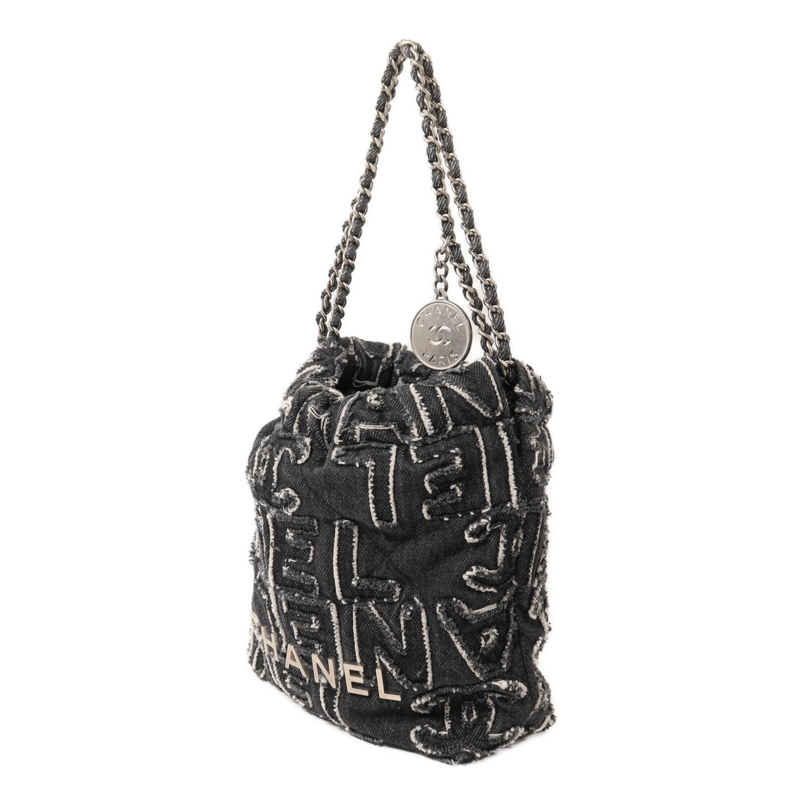 CHANEL 牛仔布Chanel 22 Mini銀扣鏈帶肩背袋