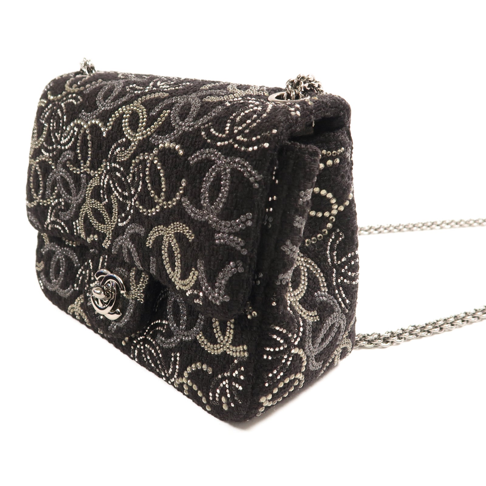 CHANEL Tweed Chain Shoulder銀扣鏈帶肩背袋