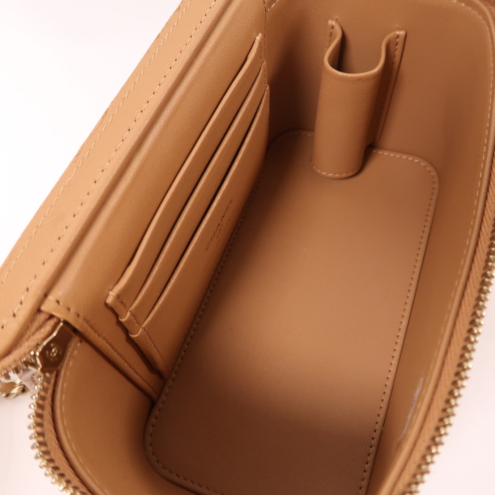 CHANEL CC GHW Vanity Chain 2 Way Bag Lambskin Leather Beige