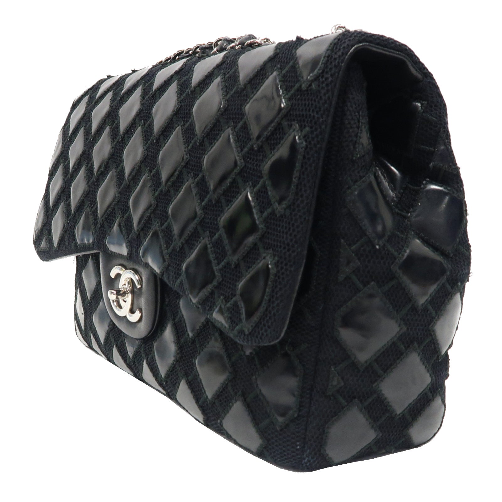 CHANEL 【激減優惠】菱格棉布Chain Shoulder銀扣鏈帶肩背袋黑色