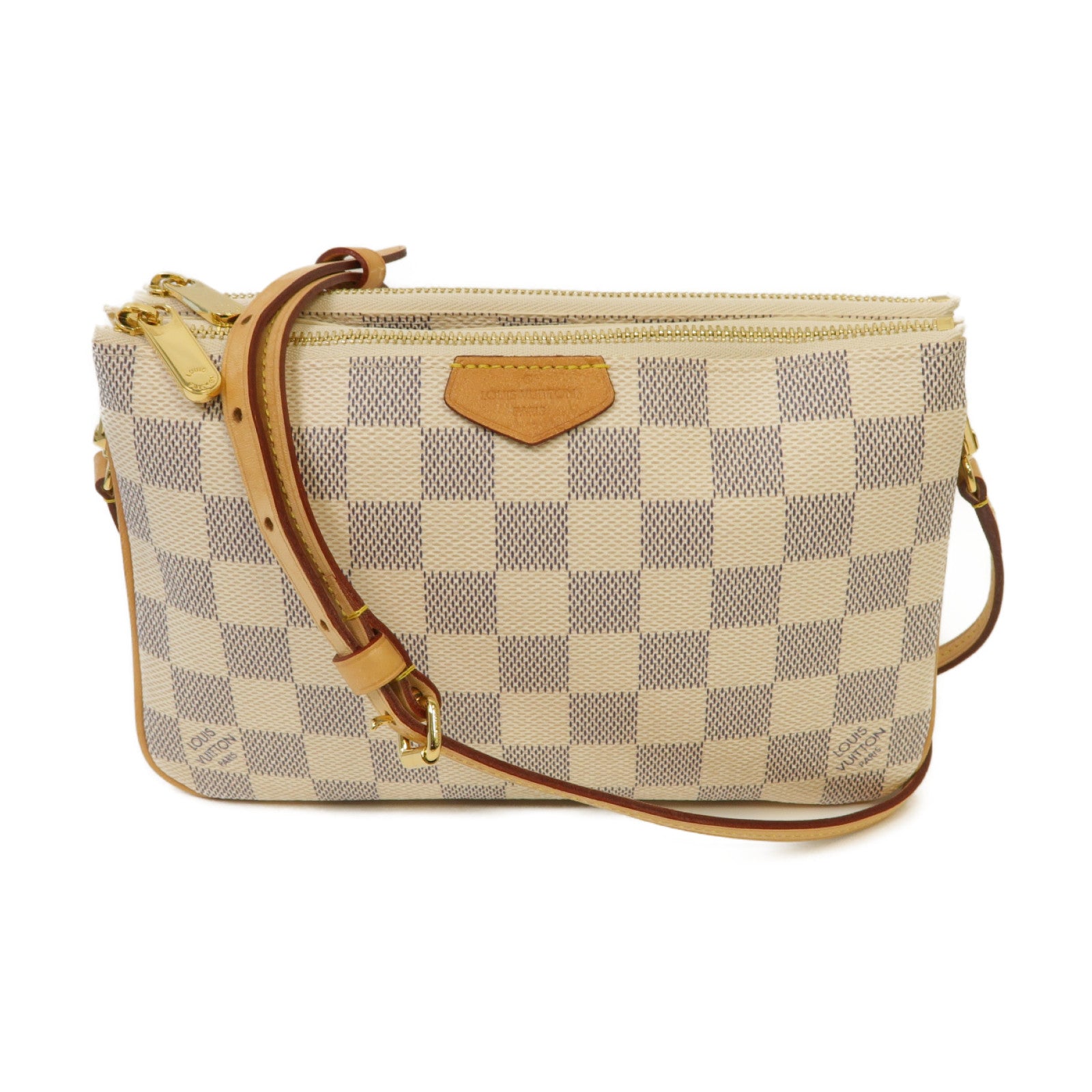 LOUIS VUITTON Damier Azur Double Zip Pochette金扣肩背袋白色