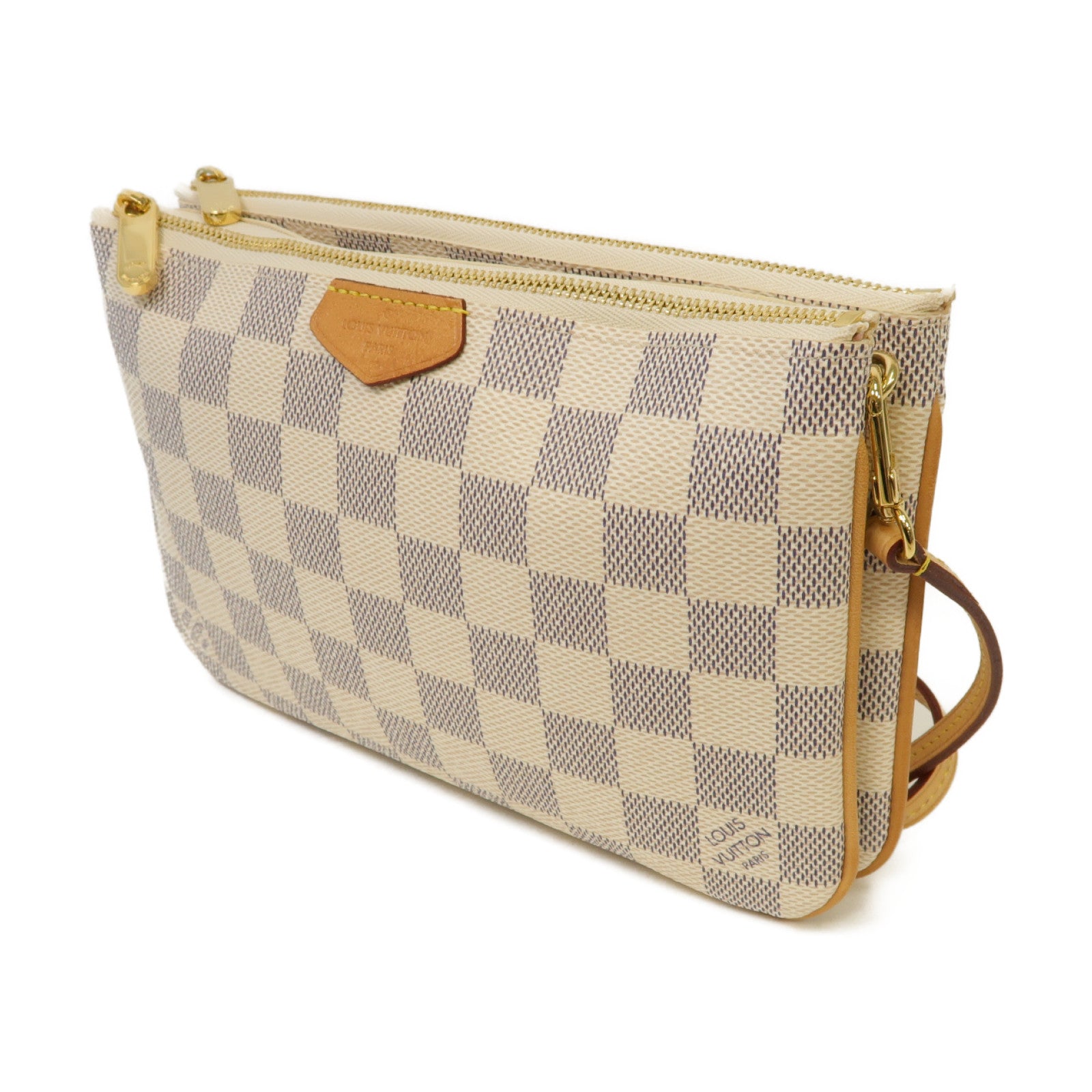 LOUIS VUITTON Damier Azur Double Zip Pochette金扣肩背袋白色
