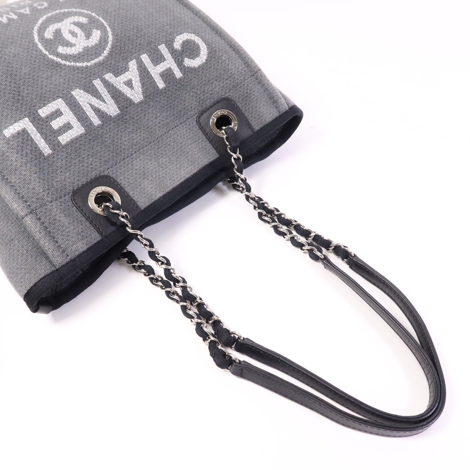 CHANEL 帆布Deauvilie銀扣鏈帶手挽袋