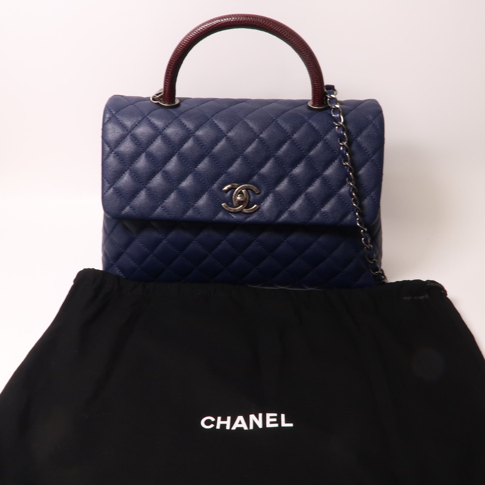 CHANEL 【激減優惠】菱格Caviar皮革/蜥蝪皮革Coco Handle銀扣手挽肩背兩用袋黑色