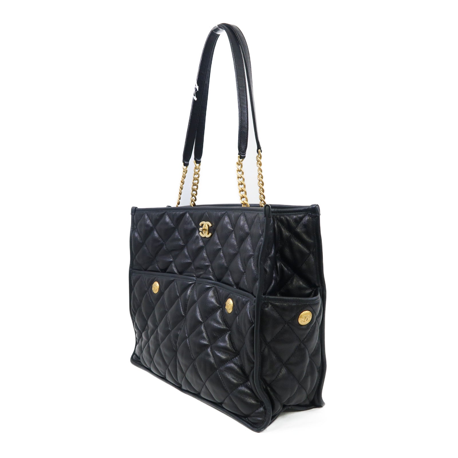 CHANEL 菱格牛皮皮革Tote Bag金扣手挽袋黑色