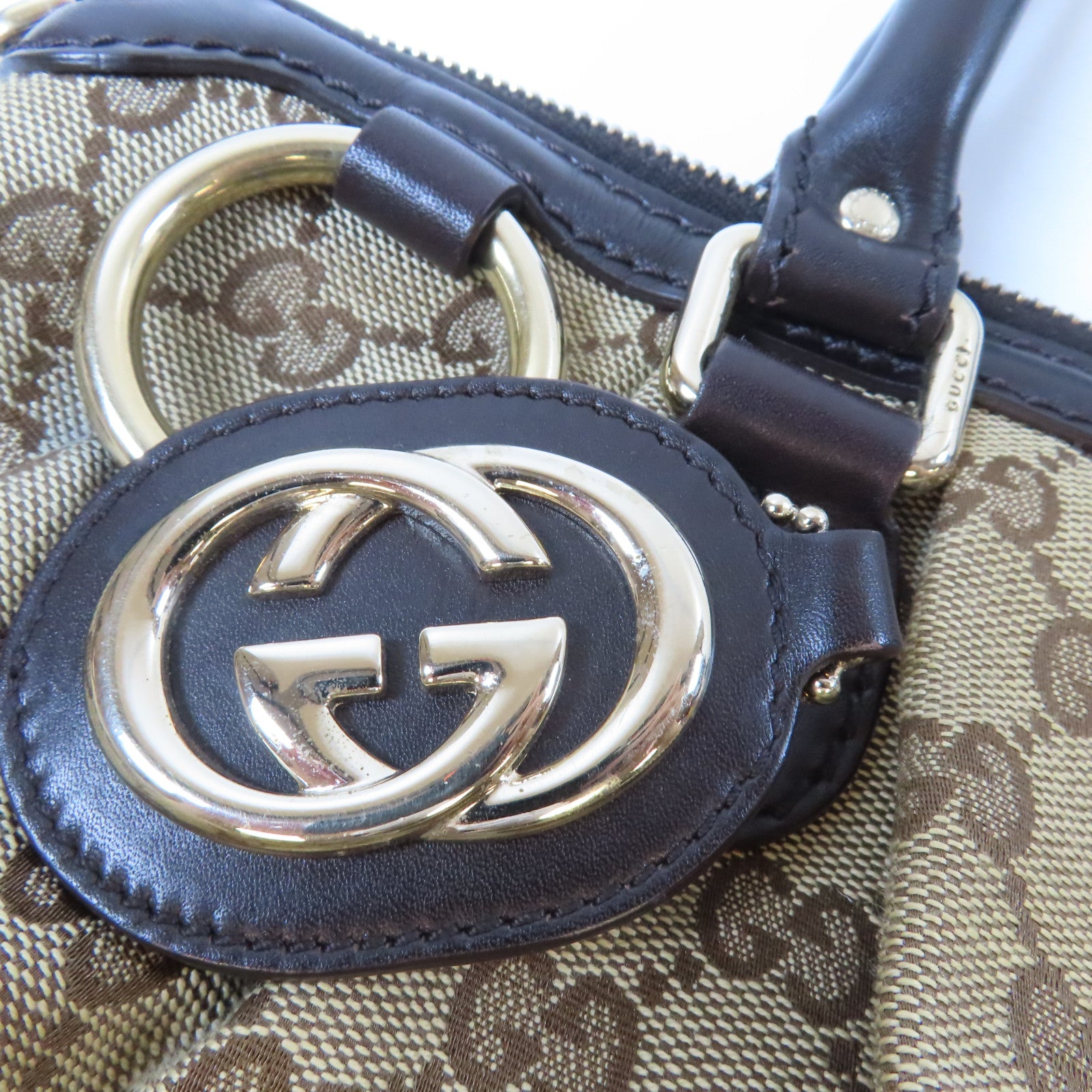 GUCCI 帆布Shoulder Bag金扣手挽肩背兩用袋啡色