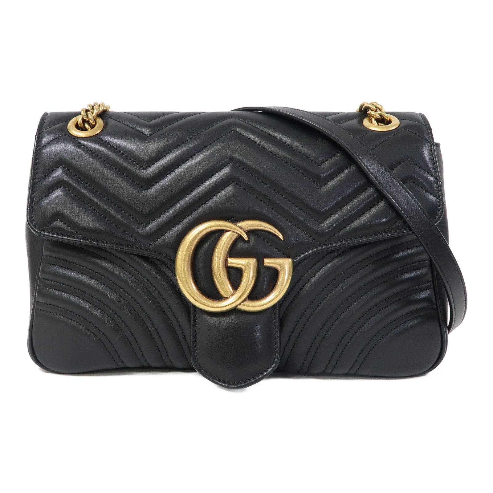 GUCCI 牛皮皮革GG Marmont金扣鏈帶肩背袋黑色