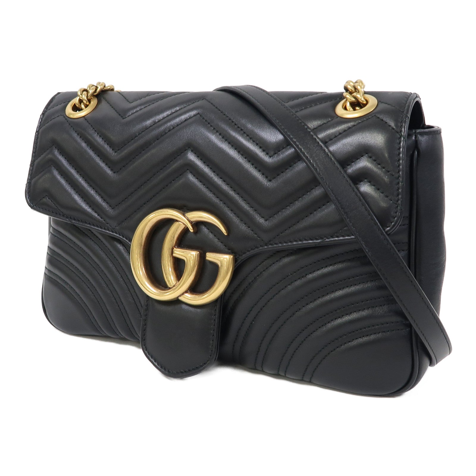 GUCCI 牛皮皮革GG Marmont金扣鏈帶肩背袋黑色